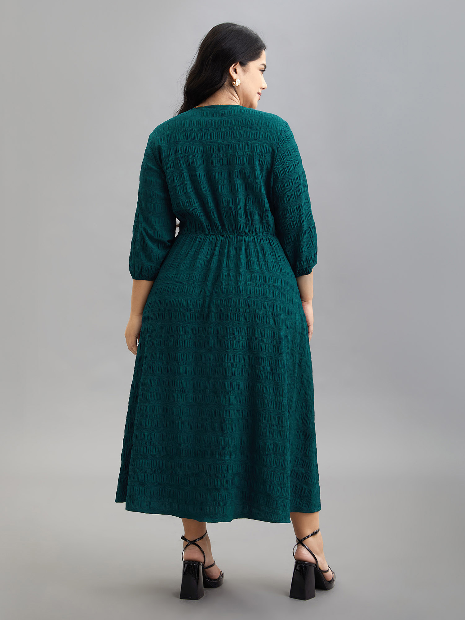 Plus Size Textured Waist-Defined Button Midi Dress Emerald Women Elegant Texture V-neck Elbow-length sleeve Curvy BloomChic 10/M 