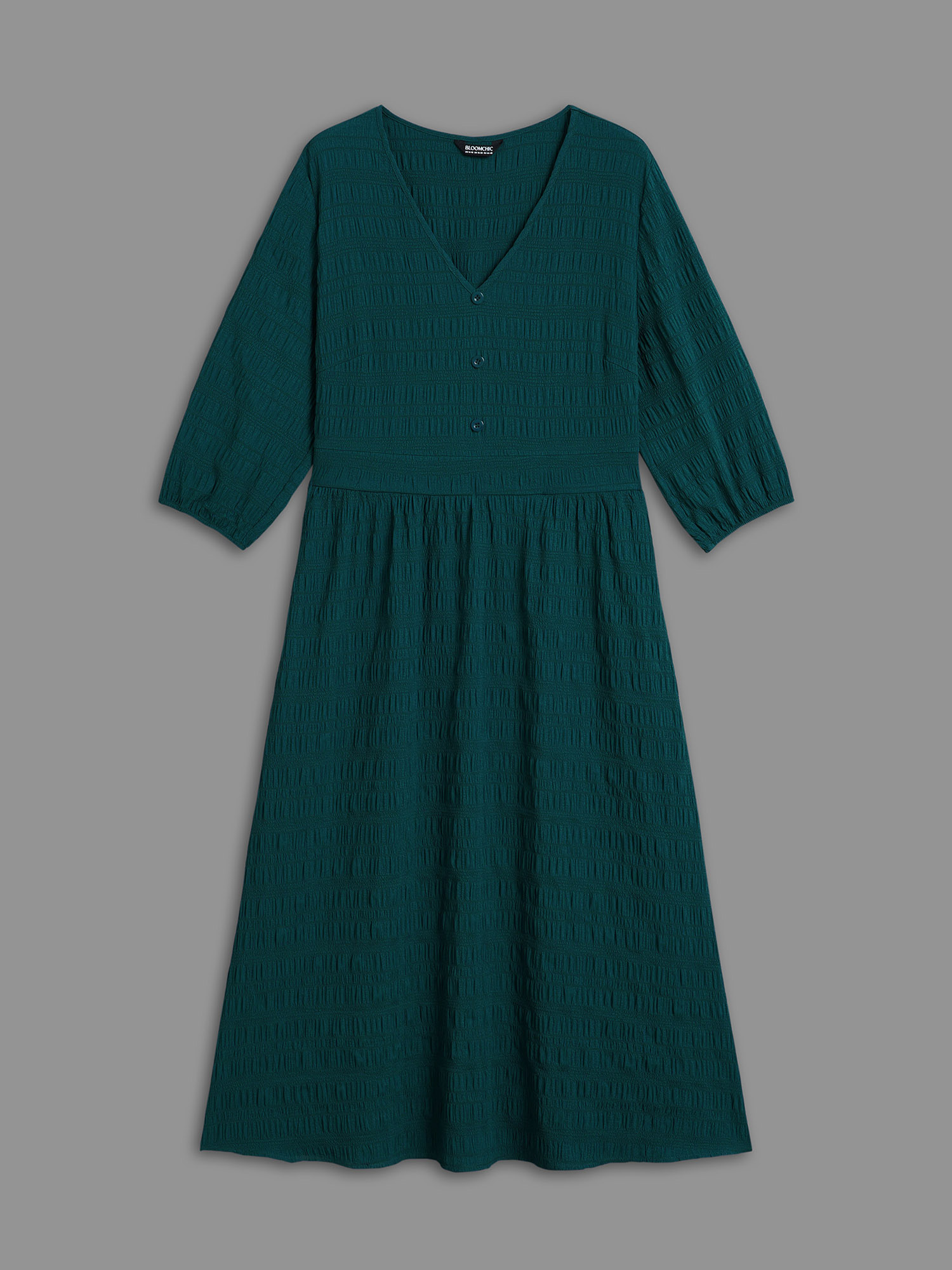 Plus Size Textured Waist-Defined Button Midi Dress Emerald Women Elegant Texture V-neck Elbow-length sleeve Curvy BloomChic 10/M 