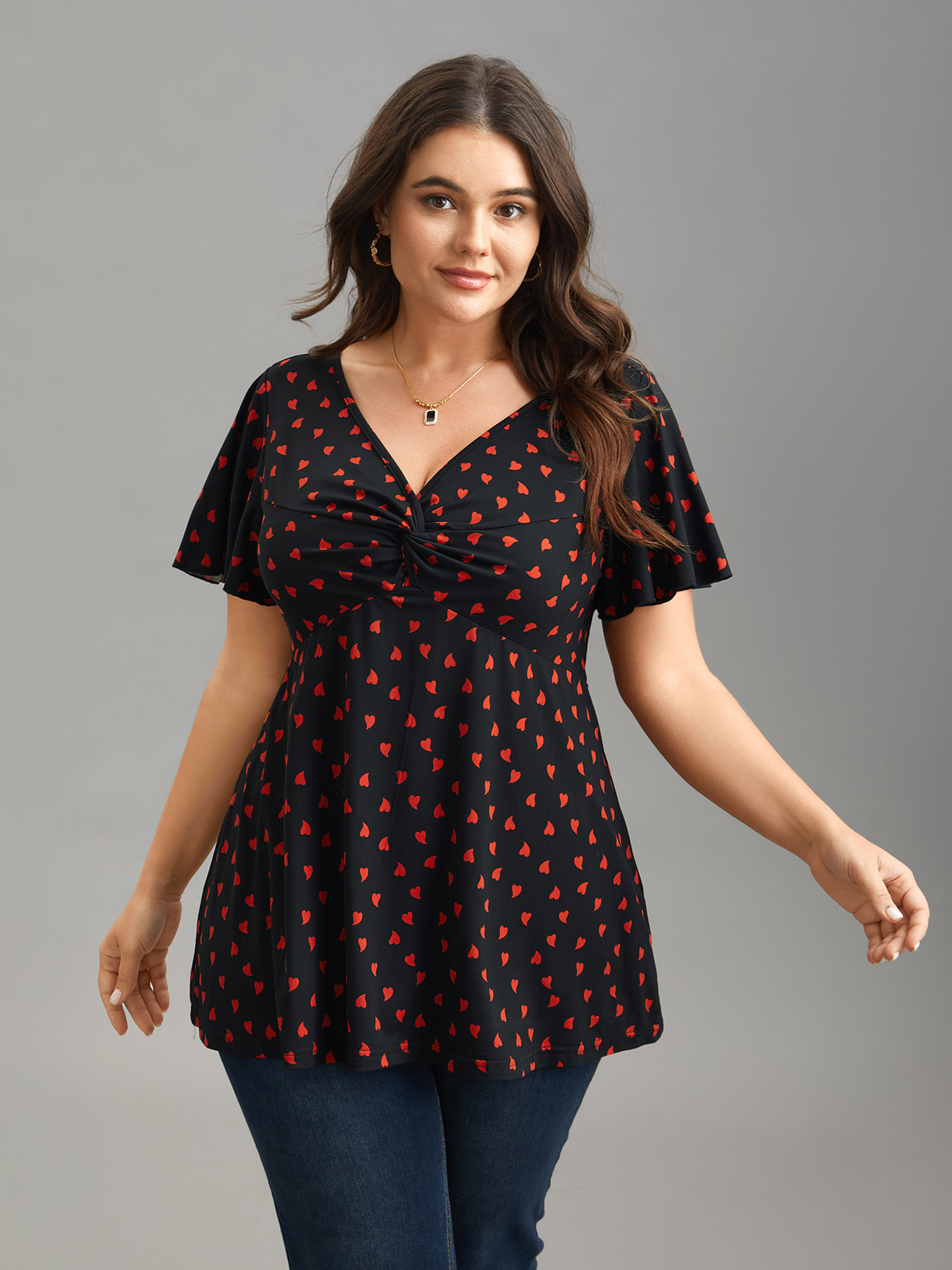 

Plus Size Heart Print Ruched Bust Stretchy Top Black V-neck Short sleeve Elegant Jersey Tops