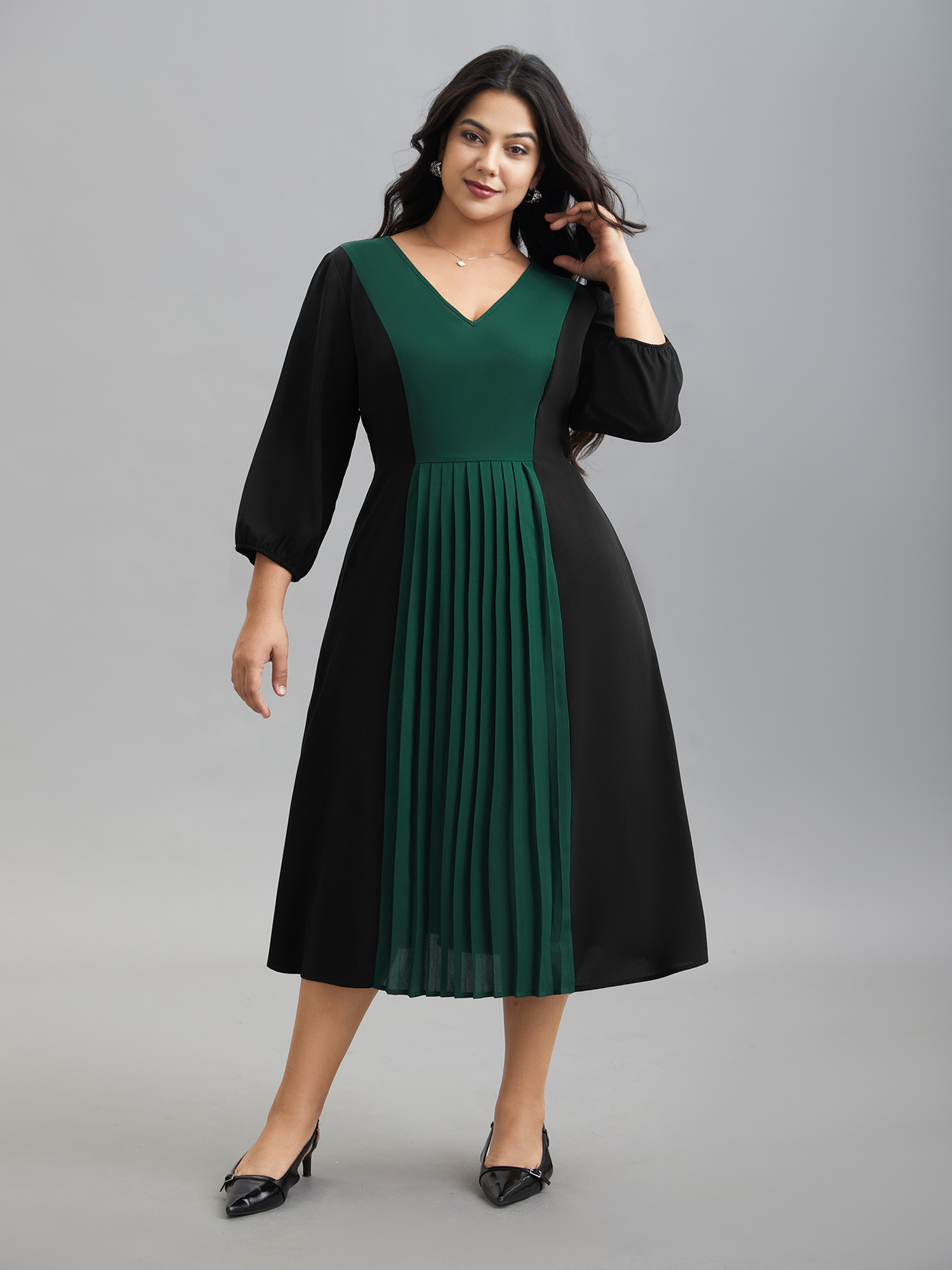 

Plus Size Color Block V-Neck Pleated Midi Dress DarkGreen Women At the Office Contrast V-neck Elbow-length sleeve Curvy BloomChic