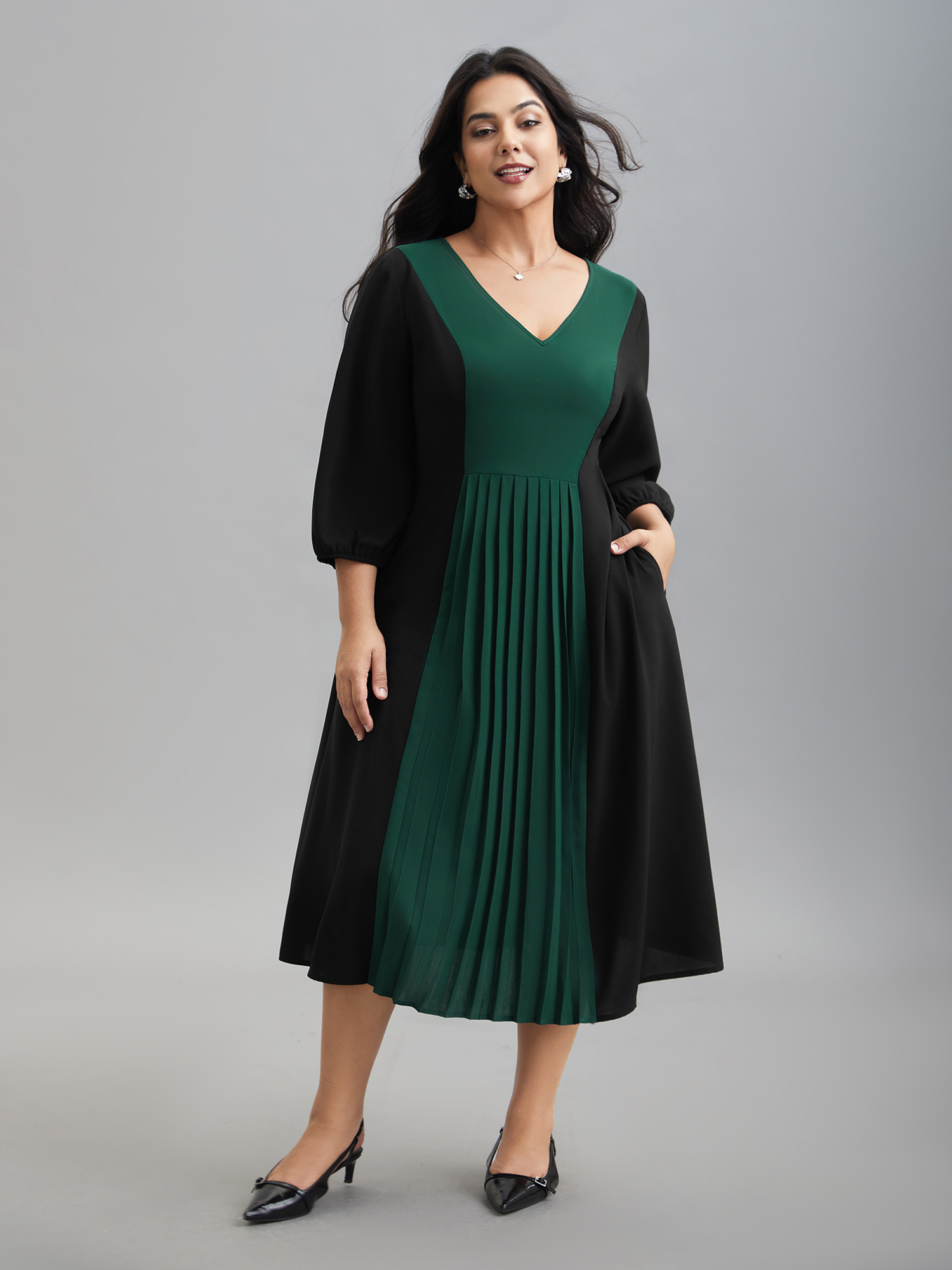 

Plus Size Color Block V-Neck Pleated Midi Dress DarkGreen Women At the Office Contrast V-neck Elbow-length sleeve Curvy BloomChic