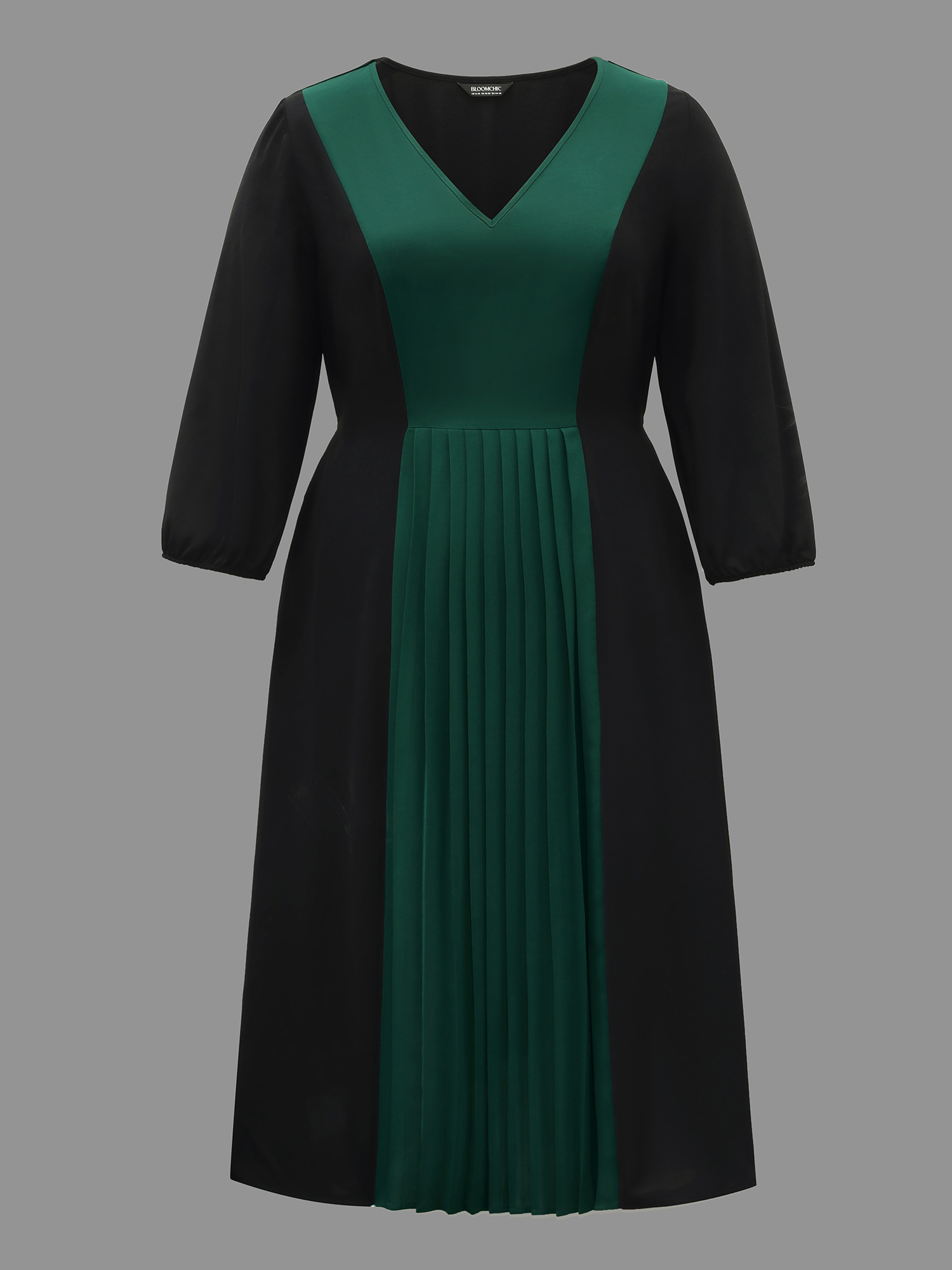 Plus Size Color Block V-Neck Pleated Midi Dress DarkGreen Women At the Office Contrast V-neck Elbow-length sleeve Curvy BloomChic 12/L 