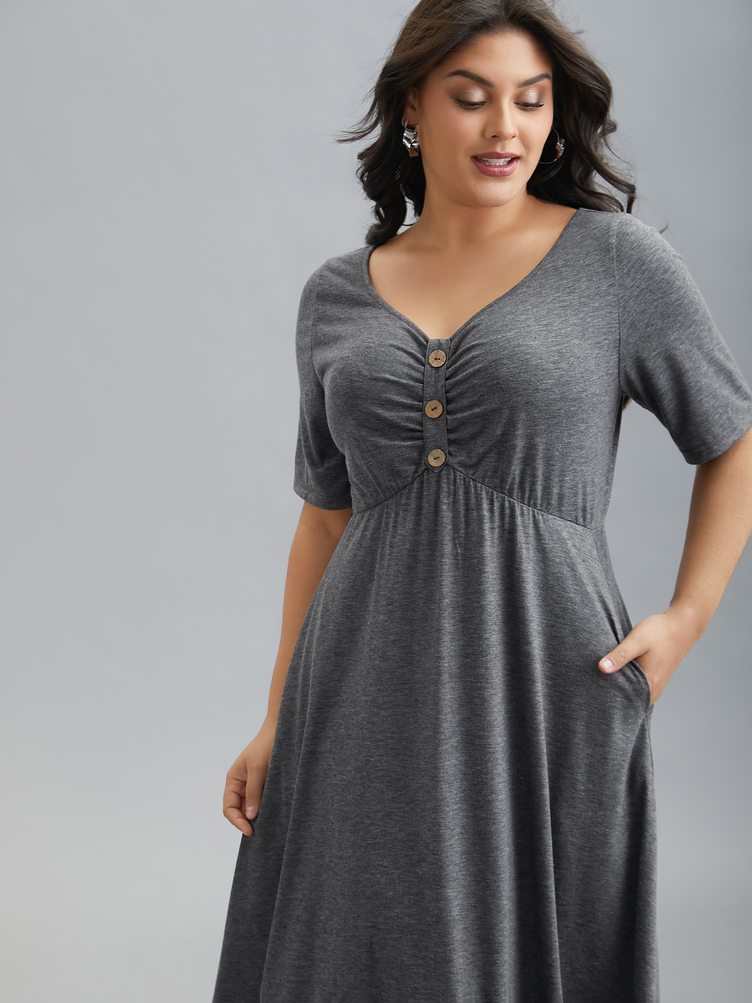 

Plus Size Gathered Button Detail Plain Knit Dress DimGray Women Casual Gathered Knit Dresses Bloomchic