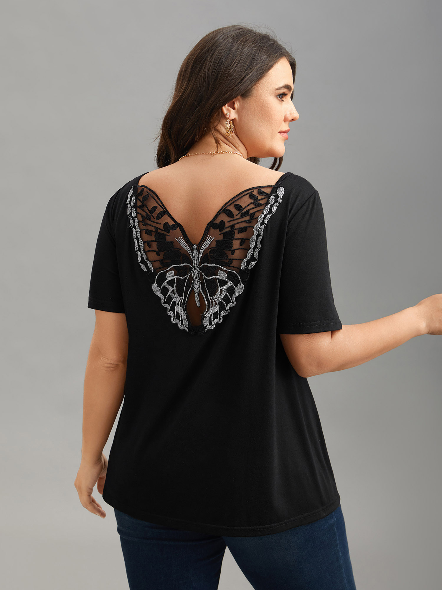 

Plus Size Butterfly Back Stretchy Round Neck T-Shirt Black Women Elegant See through Round Neck Everyday T-shirts BloomChic