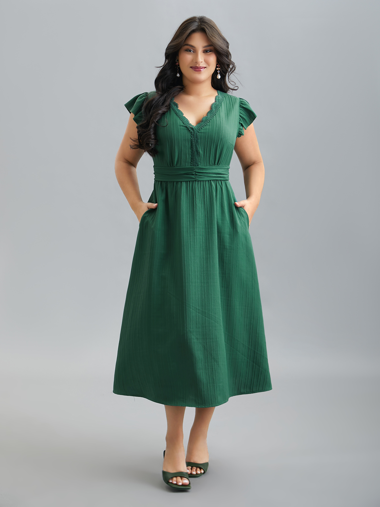 

Plus Size Lace Trim Stitch Textured Waist-Defined Midi Dress Emerald Women Elegant Woven ribbon&lace trim V-neck Cap Sleeve Curvy BloomChic