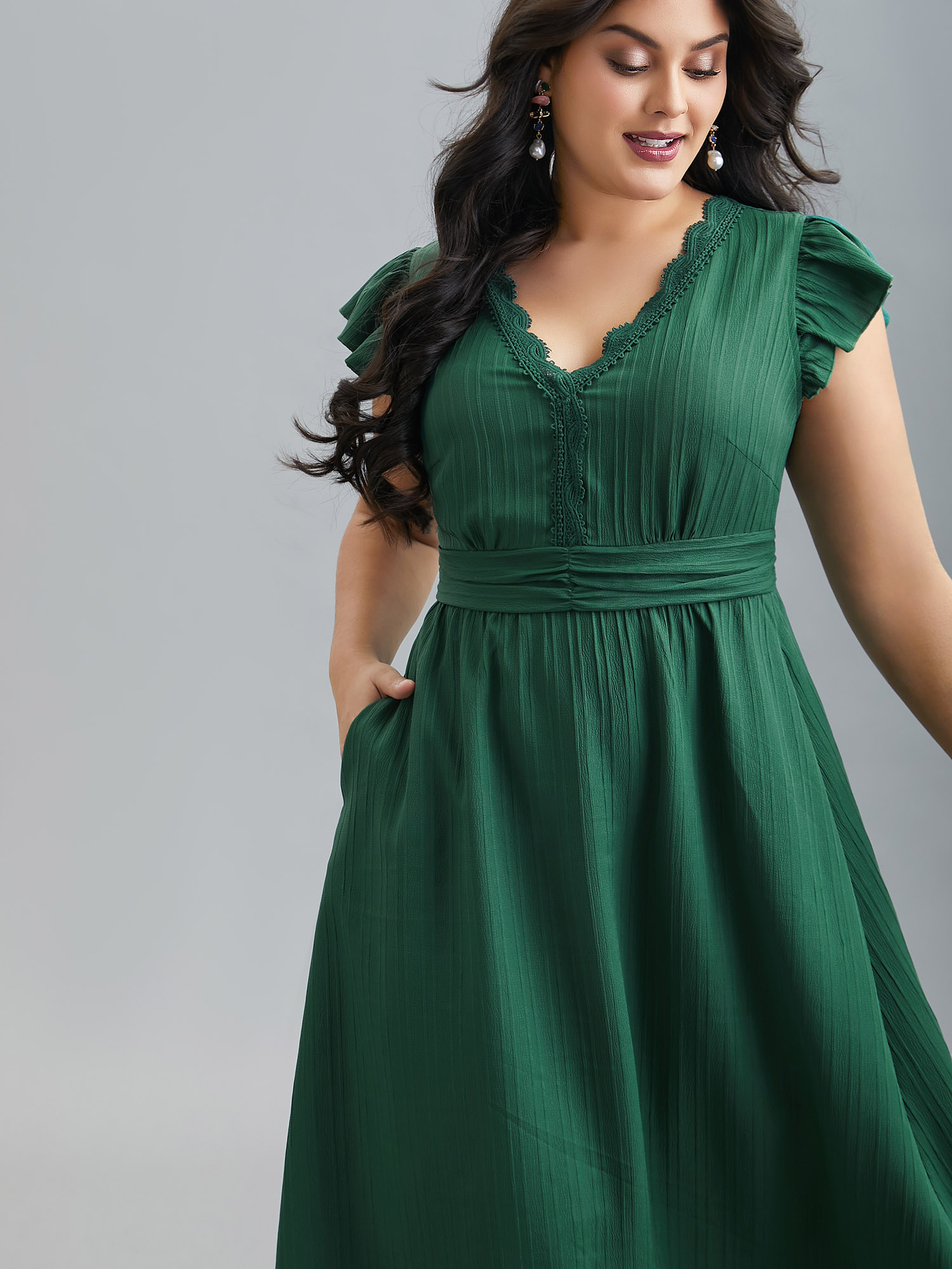 

Plus Size Lace Trim Stitch Textured Waist-Defined Midi Dress Emerald Women Elegant Woven ribbon&lace trim V-neck Cap Sleeve Curvy BloomChic