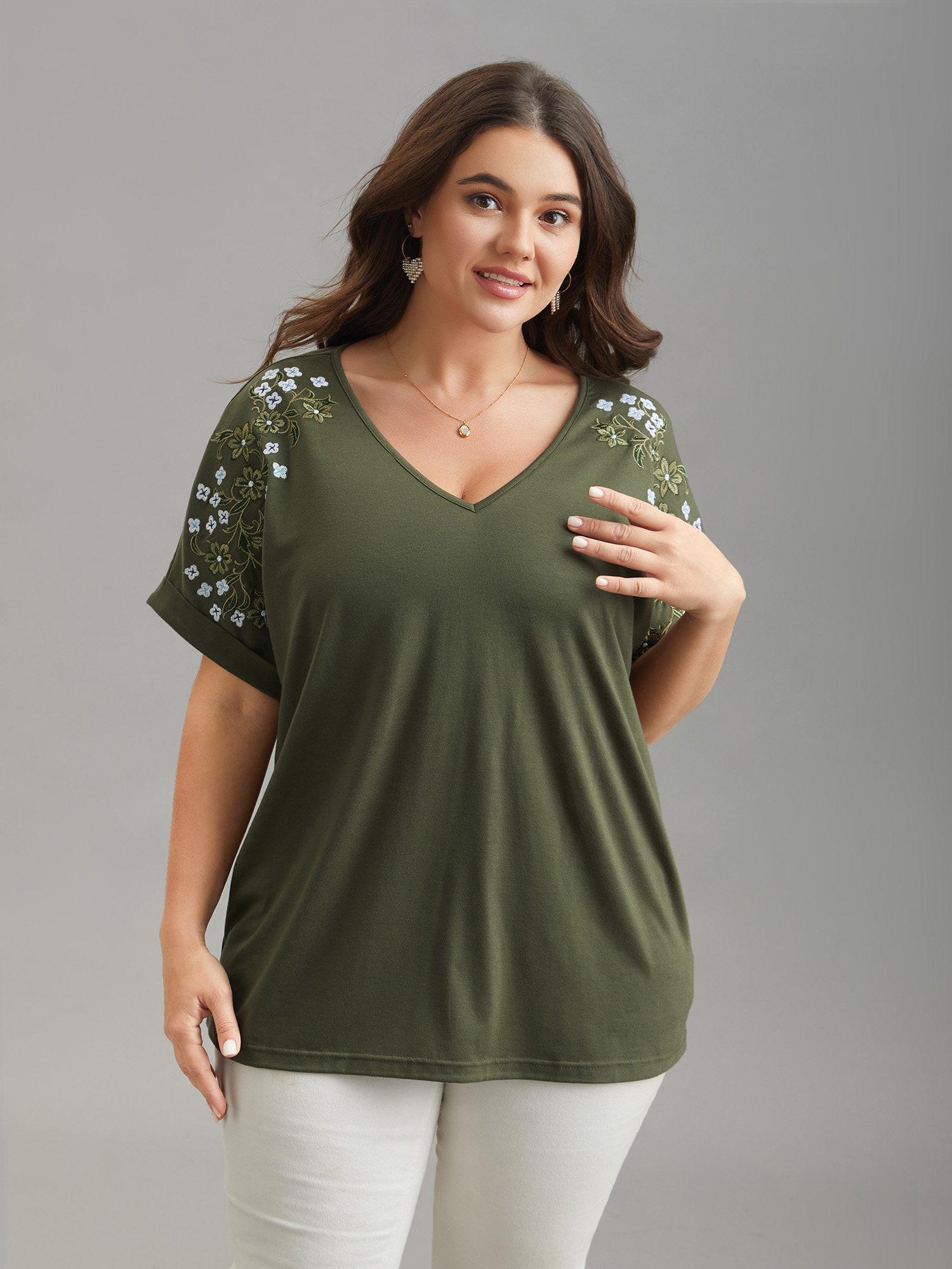 

Plus Size Stretchy Embroidered Drop Shoulder T-Shirt ArmyGreen Women Elegant Roll Hem V-neck Everyday T-shirts BloomChic