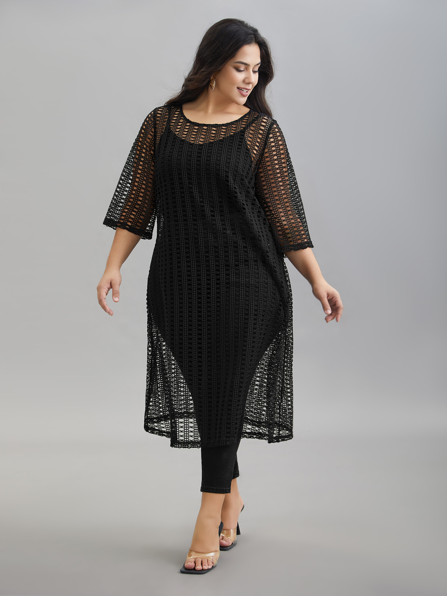 

Plus Size Textured Sheer Round Neck Midi Dress Black Women Casual Cut-Out Knit Dresses Bloomchic