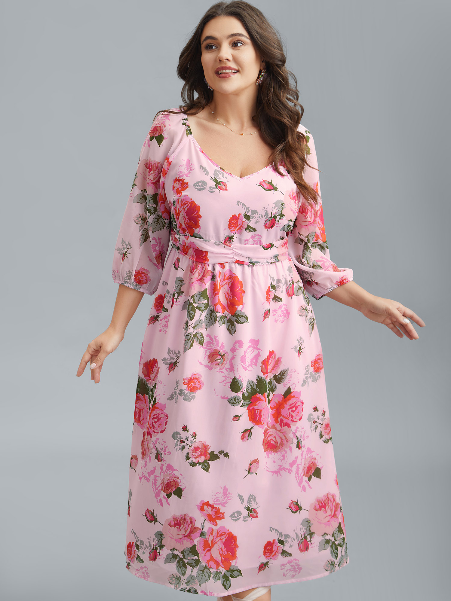 

Plus Size Rosy Print Pockets Pleated Midi Dress MistyRose Women Elegant Gathered V-neck Elbow-length sleeve Curvy BloomChic