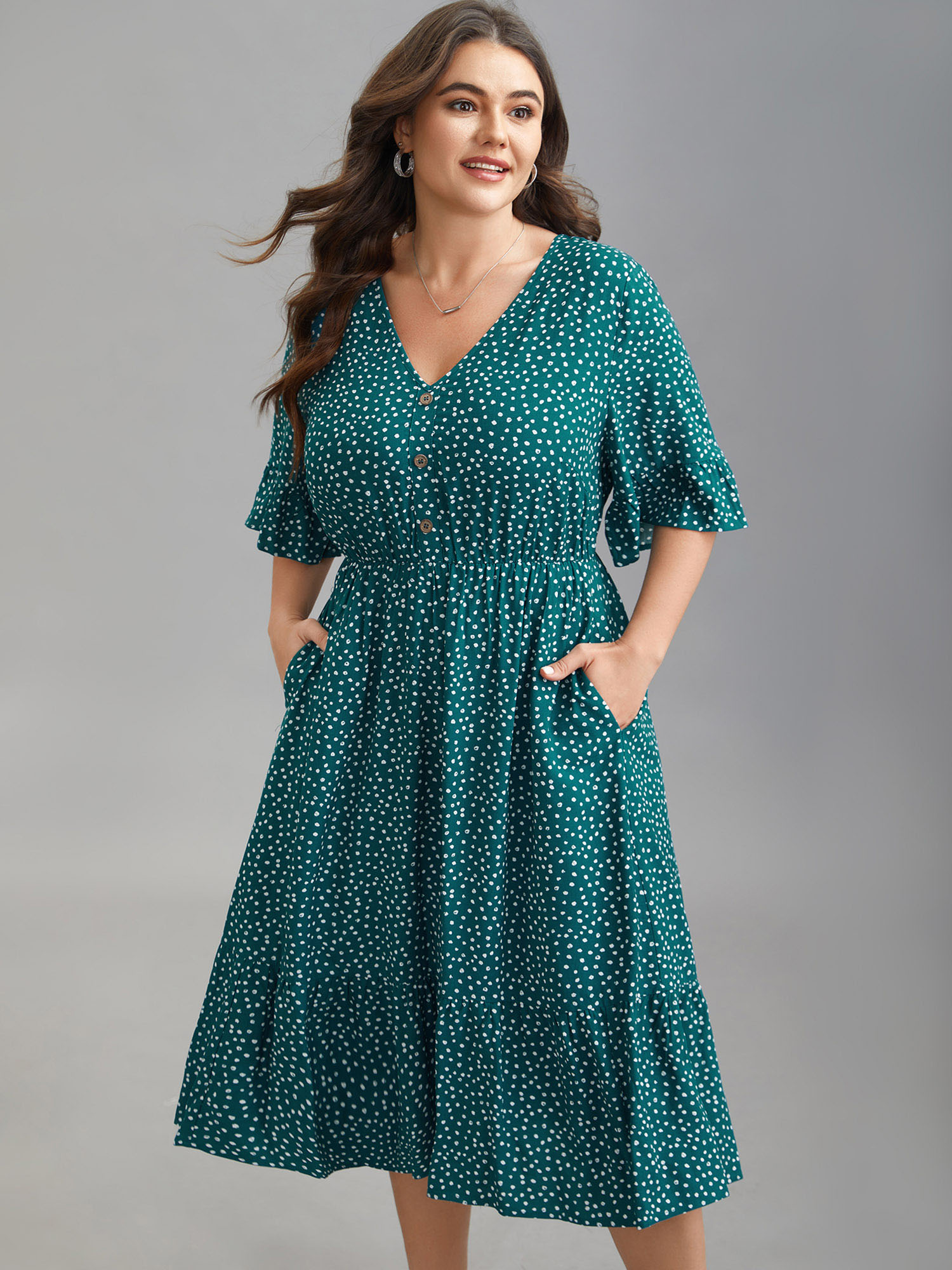 

Plus Size Button Detail Front Tiered Ruffle Sleeve Midi Dress Cyan Women At the Office Button V-neck Half Sleeve Curvy BloomChic