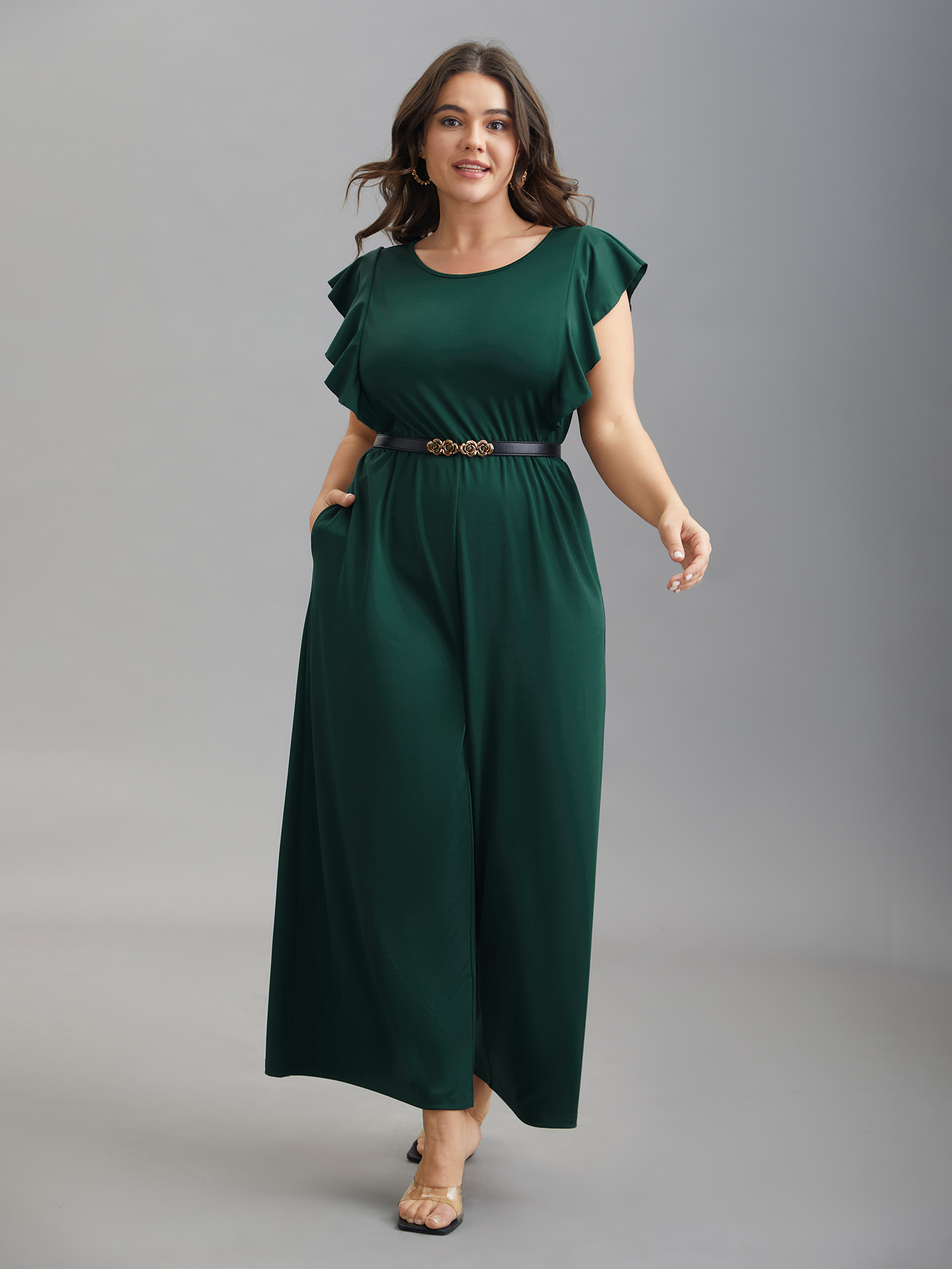 

Plus Size DarkGreen Flutter Sleeve Waist Cinched Flared Jumpsuit Women Elegant Cap Sleeve Round Neck Everyday Loose Jumpsuits BloomChic