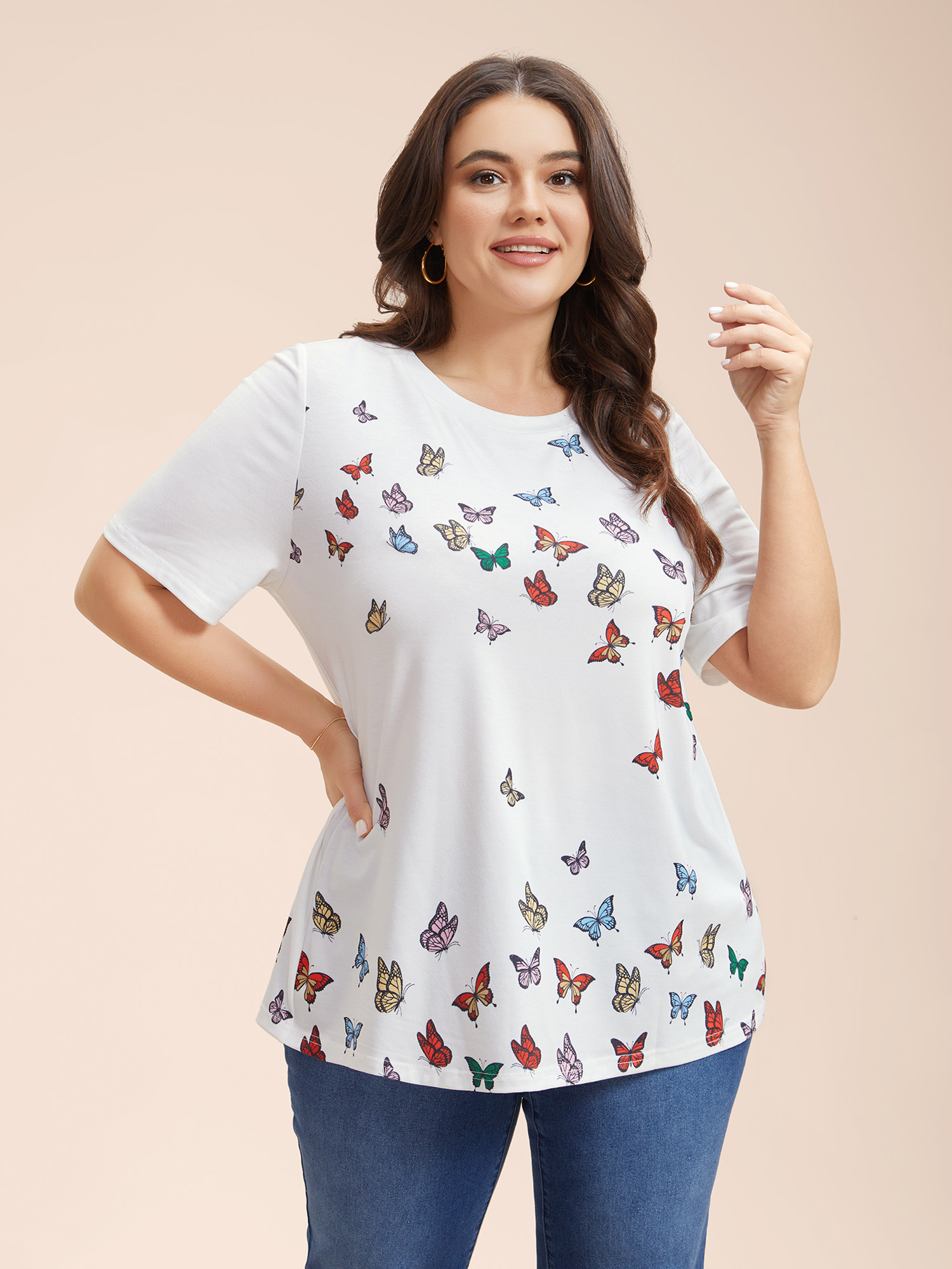 

Plus Size Butterfly Print Stretchy T-Shirt Opticwhite Women Casual Non Butterfly Round Neck Everyday T-shirts BloomChic