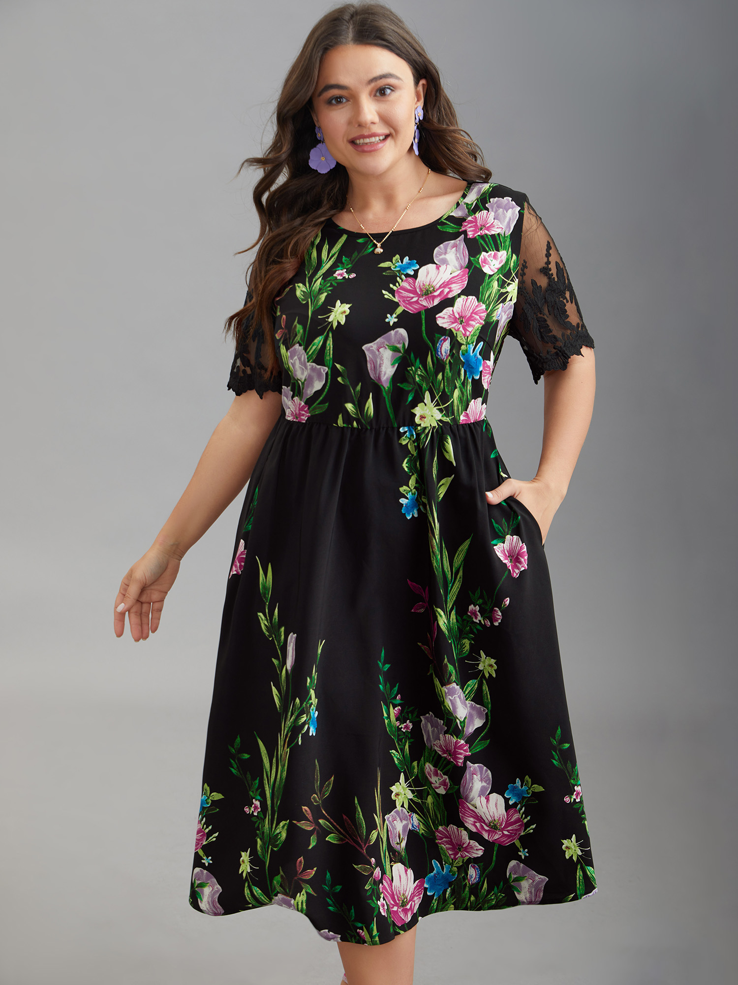 

Plus Size Floral Print Flared Sleeve Spliced Midi Dress Black Women Elegant See through Round Neck Short sleeve Curvy BloomChic