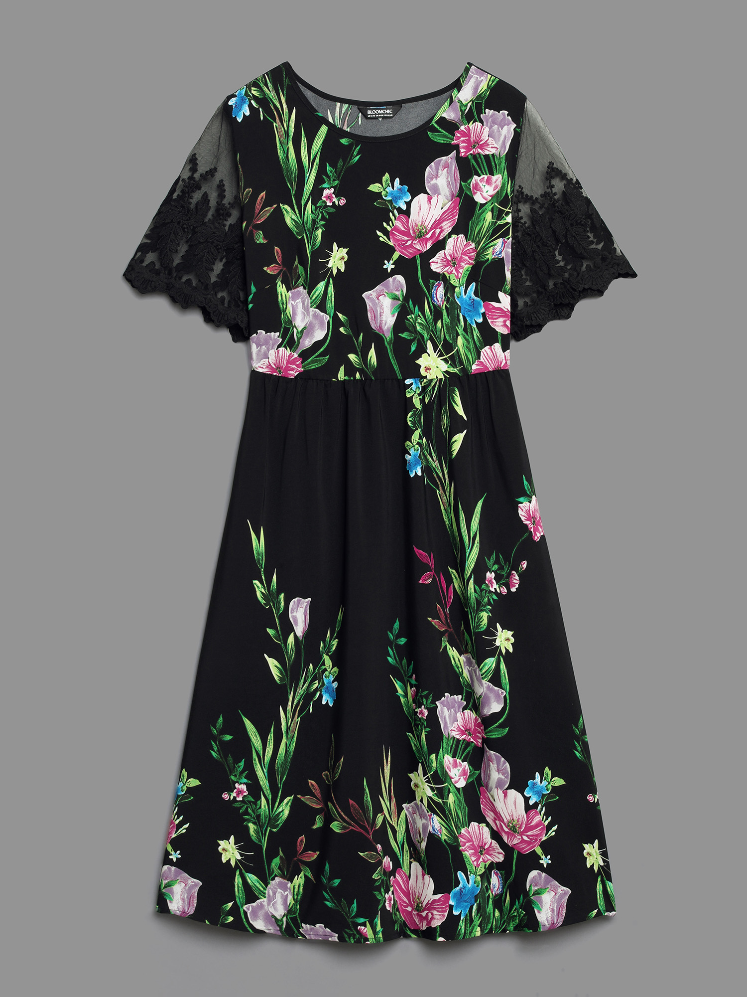 

Plus Size Floral Print Flared Sleeve Spliced Midi Dress Black Women Elegant See through Round Neck Short sleeve Curvy BloomChic