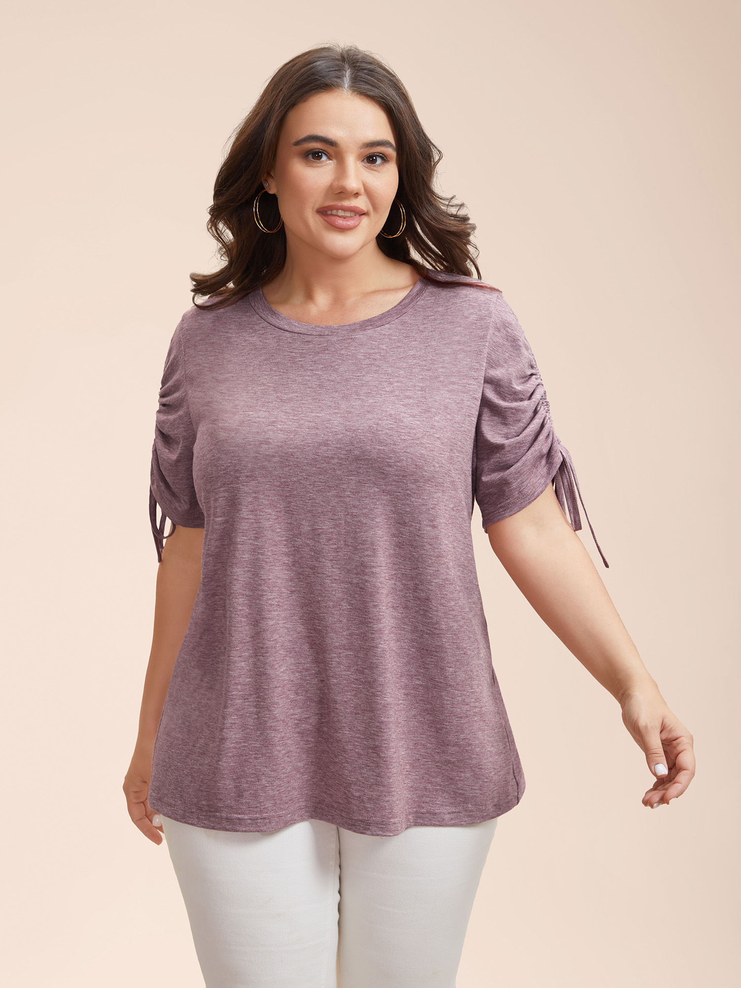 

Plus Size Stretchy Heather Fabric Drawstring Sleeve T-Shirt Mauve Women Elegant Drawstring Round Neck Everyday T-shirts BloomChic