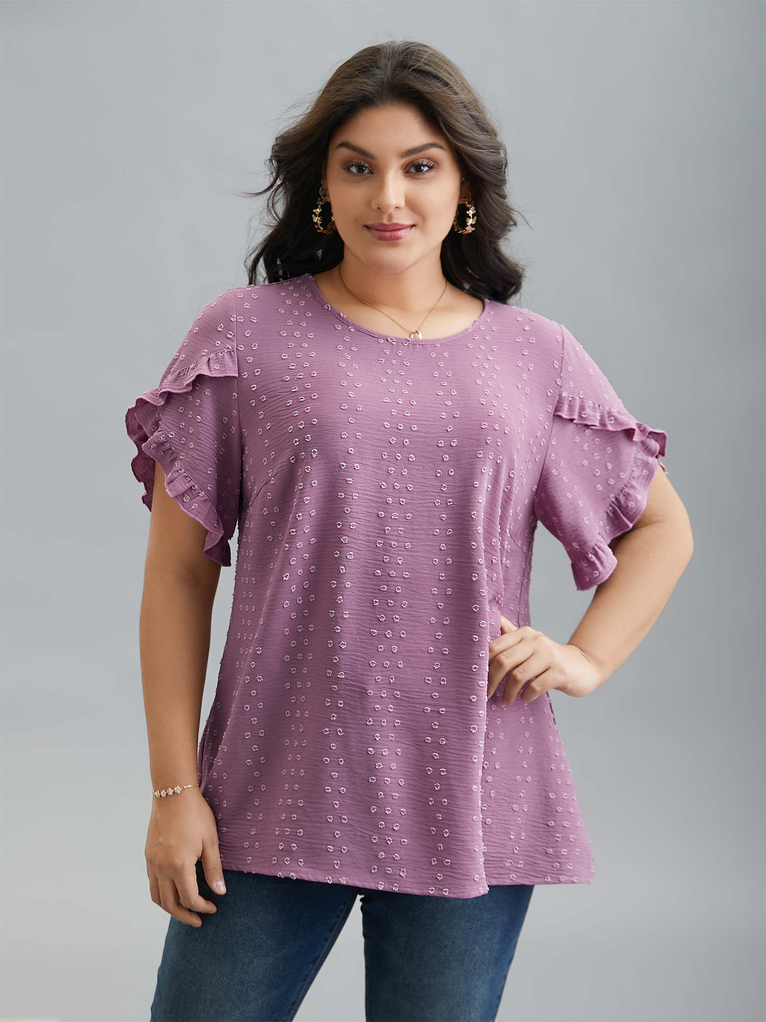 

Plus Size Mauve Textured Round Neck Ruffled Sleeve Shirt Women Elegant Short sleeve Round Neck Everyday Blouses BloomChic