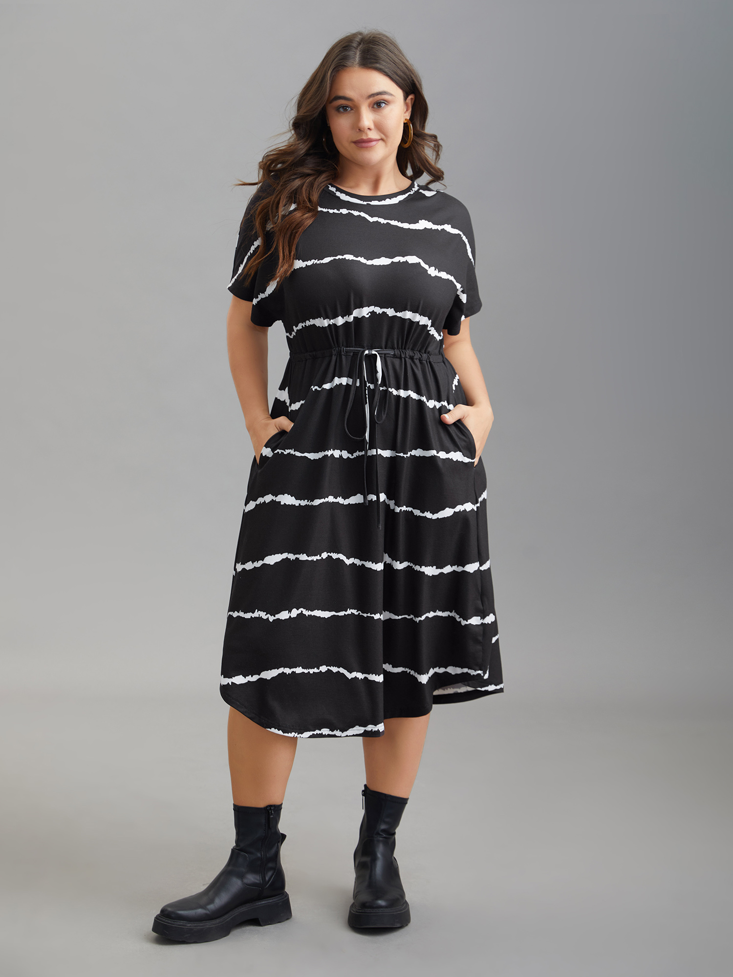 

Plus Size Striped Waist-Tie Dolman Sleeve Midi Dress Black Women Casual Drawstring Knit Dresses Bloomchic