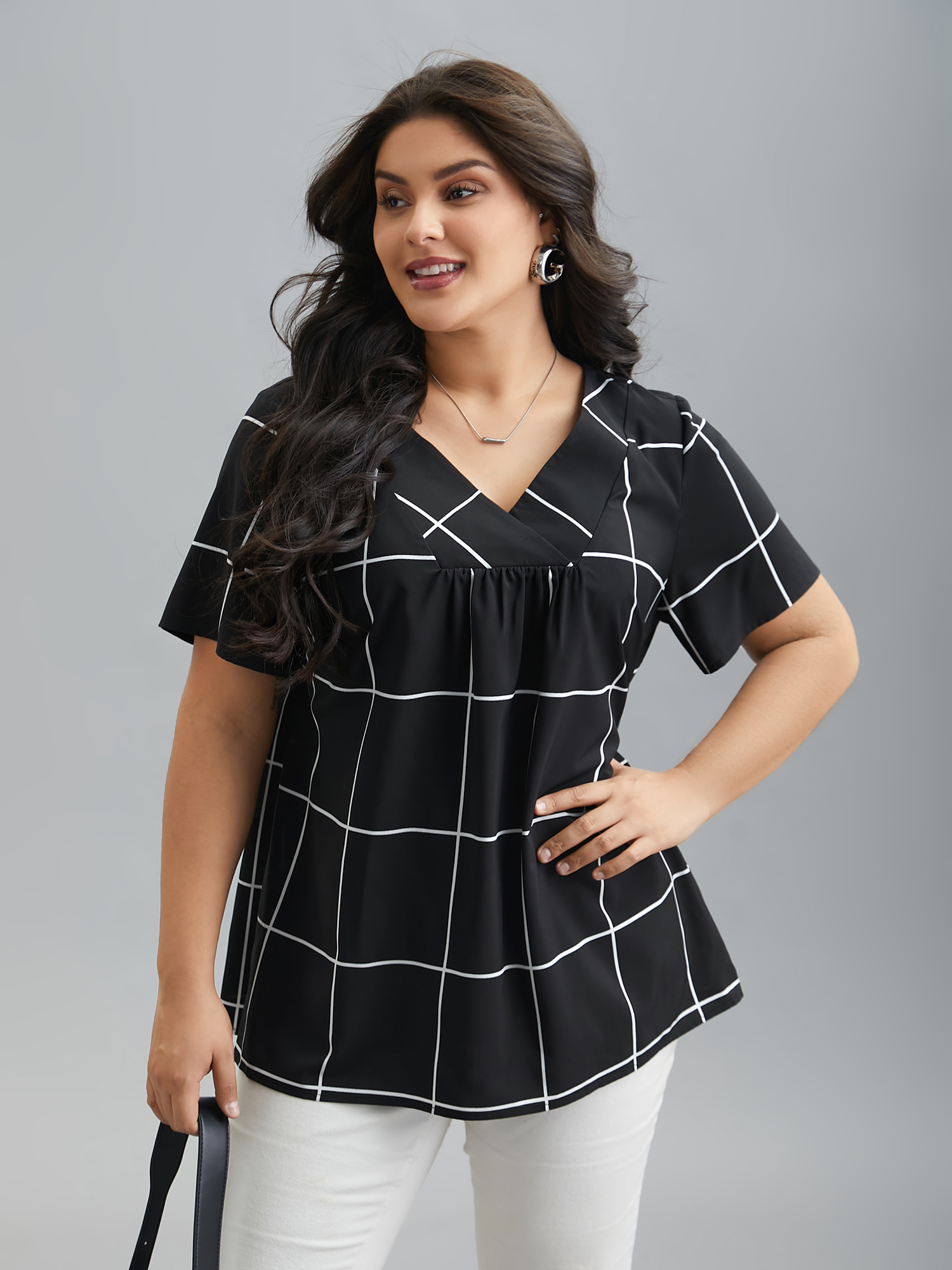 

Plus Size Black Plaid Crumpled V-Neck Fitted Shirt Women At the Office Short sleeve Overlap Collar Work Blouses BloomChic