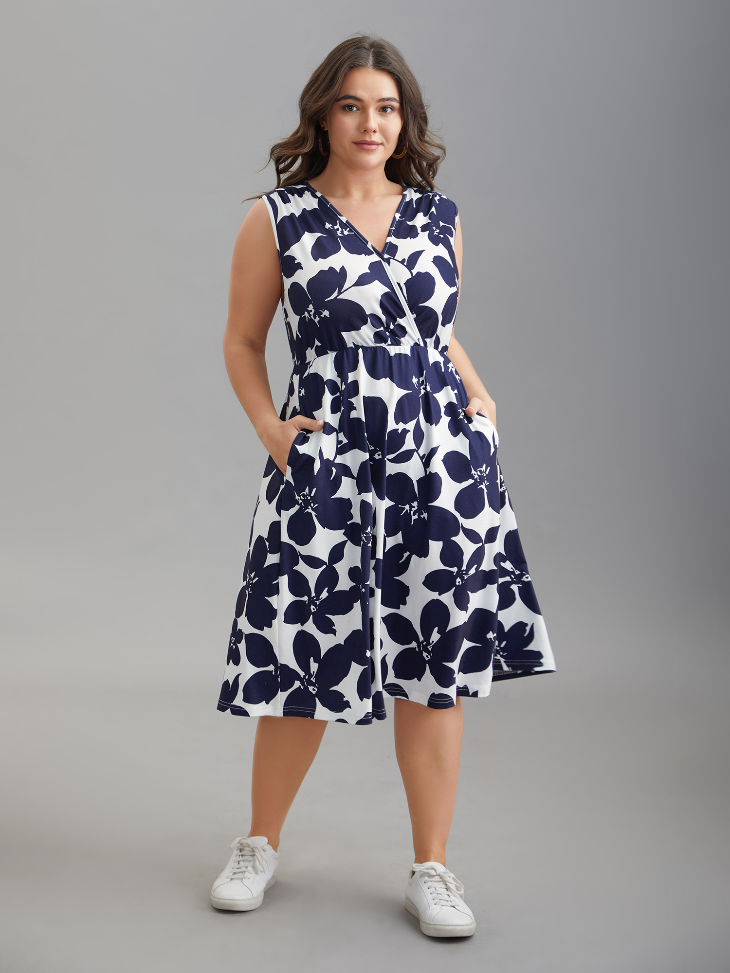 

Plus Size Floral Print Surplice Neck Midi Dress Navy Women Casual Gathered Knit Dresses Bloomchic