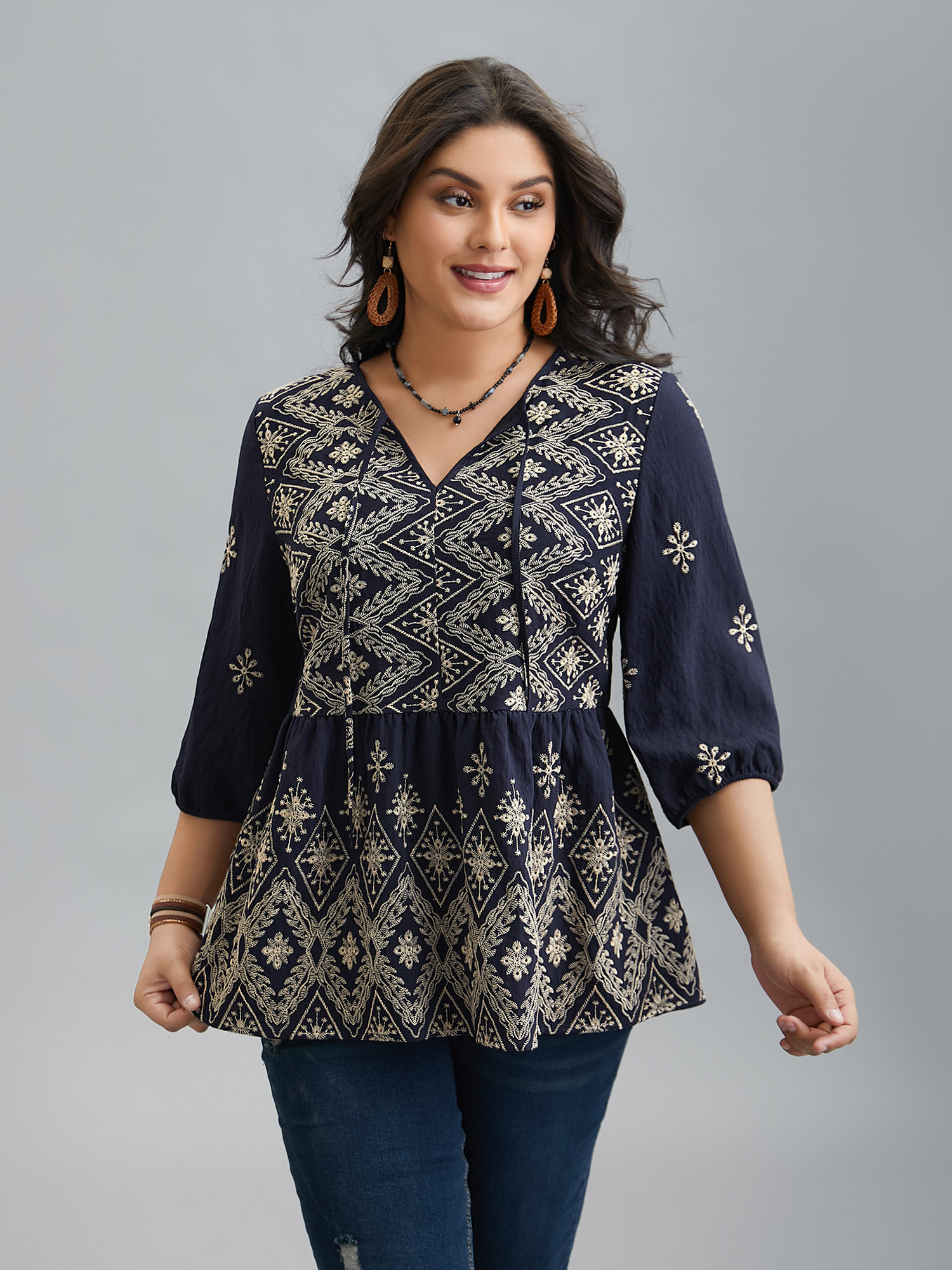 

Plus Size Indigo Boho Embroidered Pleated V-Neck Blouse Women Resort Elbow-length sleeve V-neck Vacation Blouses BloomChic