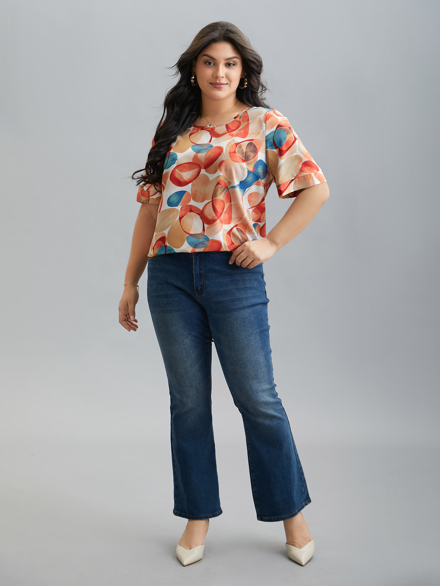 Plus Size Salmon Multi-Color Drops Round Neck Blouse Women Elegant Half Sleeve Round Neck Everyday Blouses BloomChic 18-20/2X 