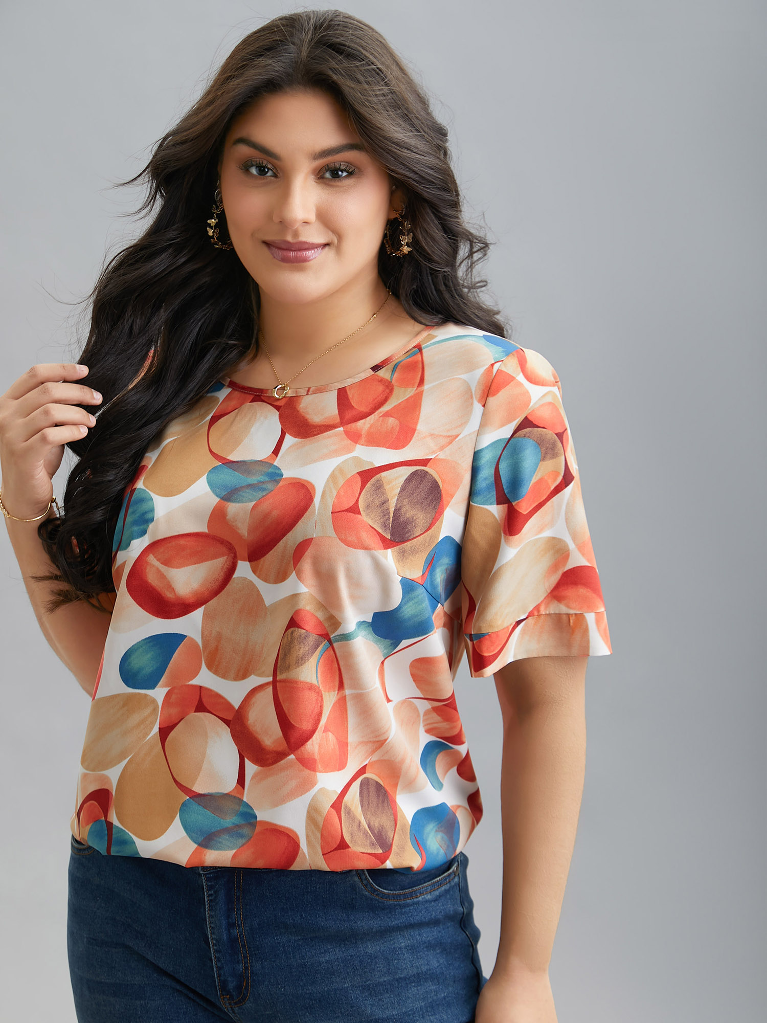 Plus Size Salmon Multi-Color Drops Round Neck Blouse Women Elegant Half Sleeve Round Neck Everyday Blouses BloomChic 18-20/2X 