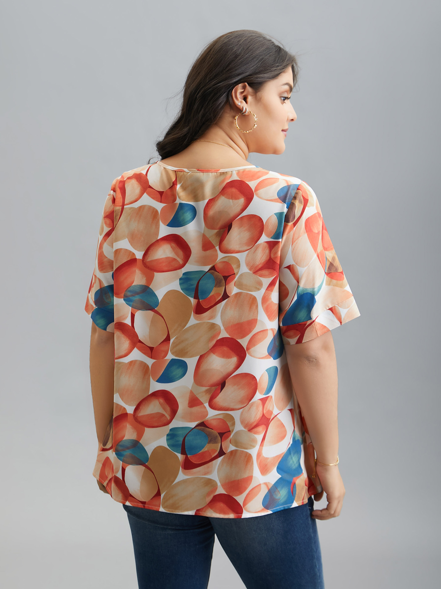 Plus Size Salmon Multi-Color Drops Round Neck Blouse Women Elegant Half Sleeve Round Neck Everyday Blouses BloomChic 18-20/2X 