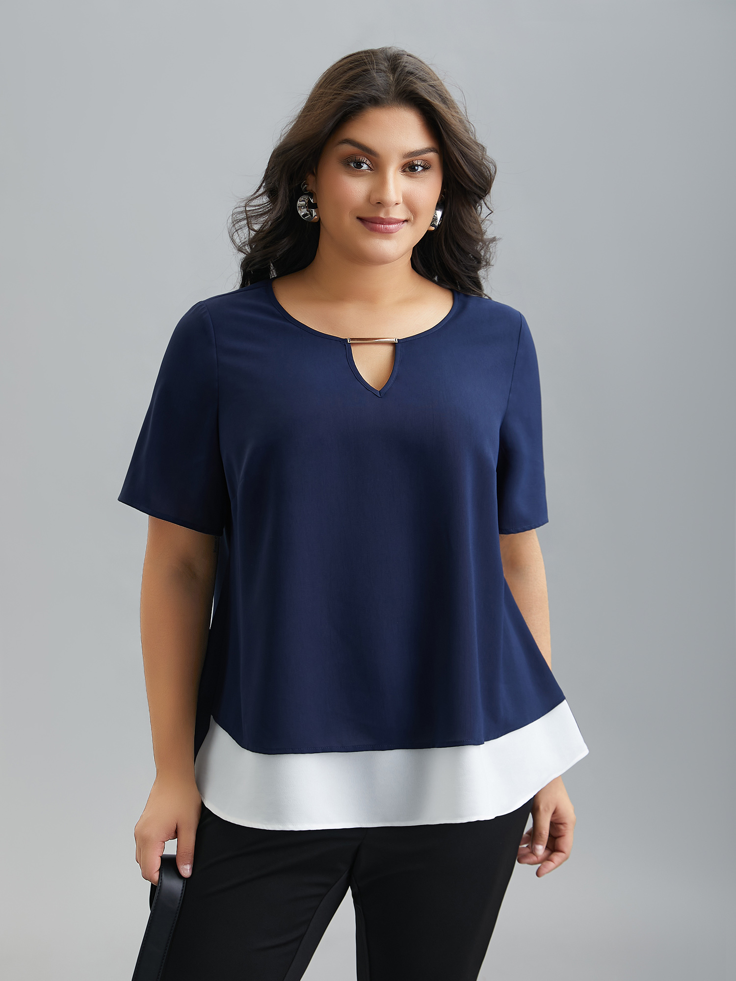 

Plus Size Indigo Neck Cut-Out Color Contrast Shirt Women At the Office Short sleeve Round Neck Work Blouses BloomChic