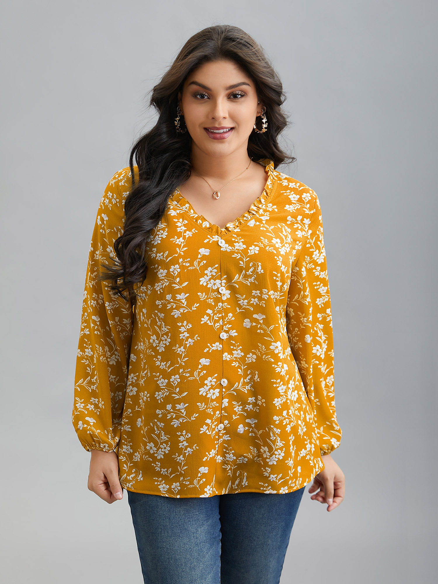 

Plus Size Turmeric Floral Print V-Neck Ruffled Shirt Women Elegant Extra Long Sleeve V-neck Everyday Blouses BloomChic