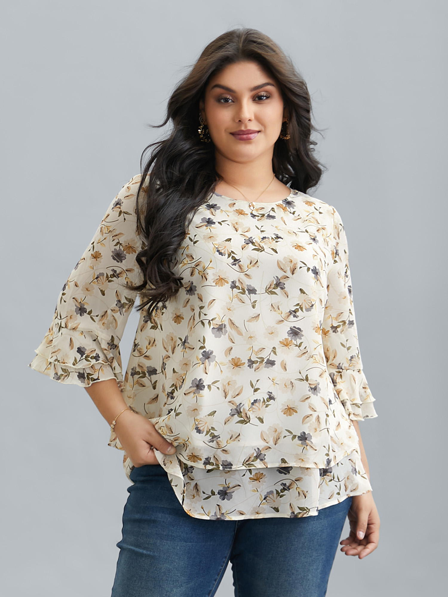 

Plus Size Ivory Chiffon Floral Print Layered Blouse Women Elegant Elbow-length sleeve Round Neck Everyday Blouses BloomChic