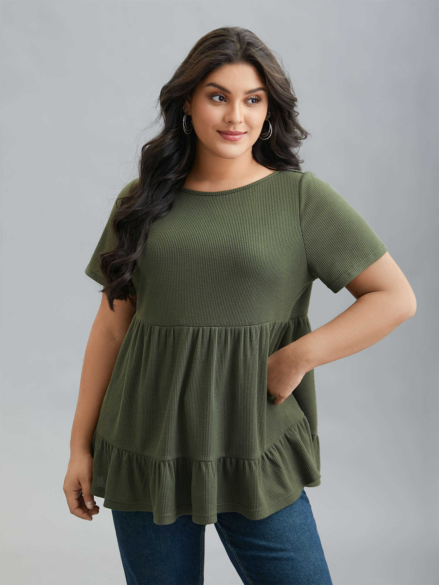 

Plus Size Textured Tiered Stretchy Round Neck Top ArmyGreen Round Neck Extra Long Sleeve Casual Jersey Tops