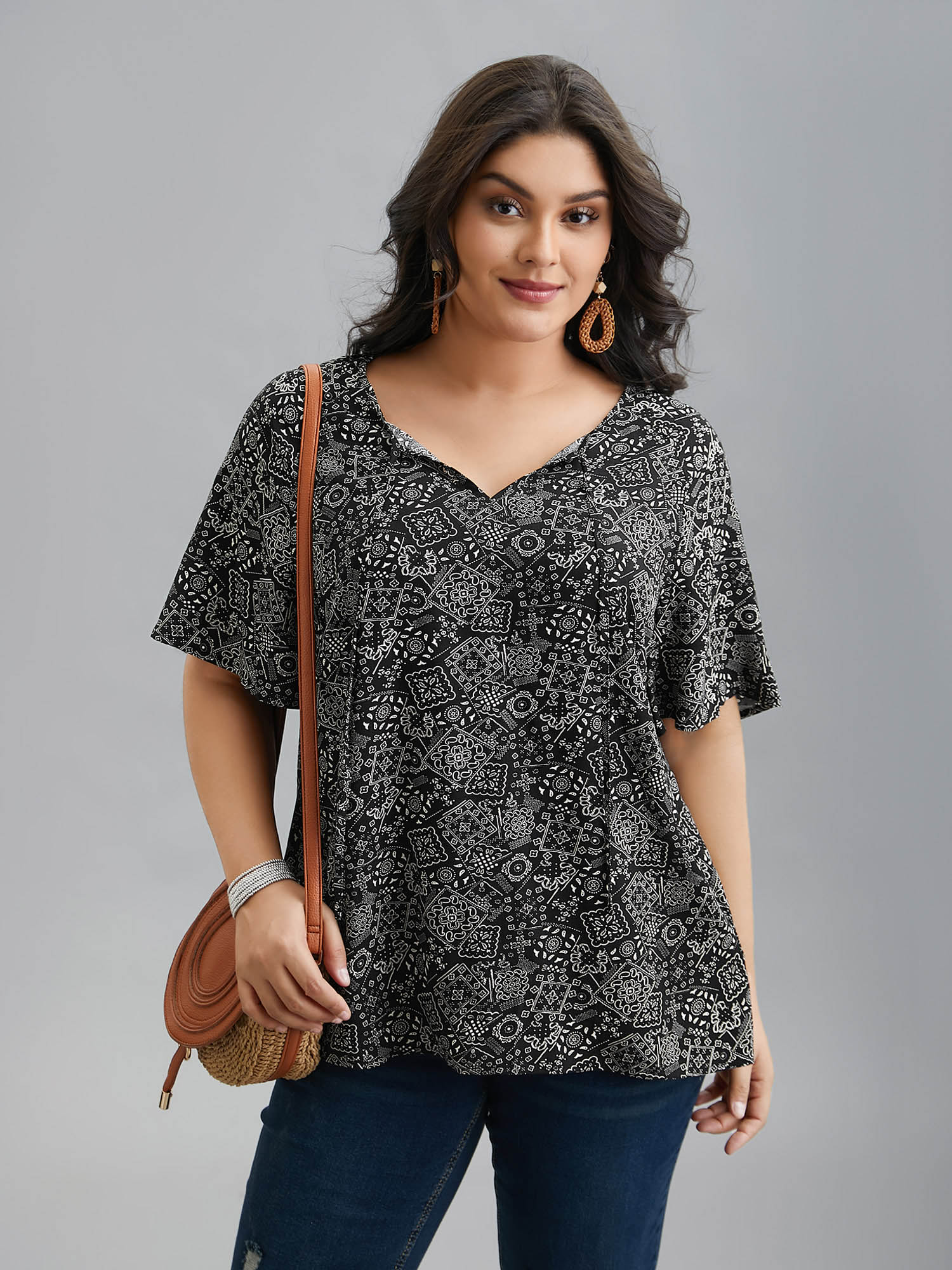 

Plus Size Black Boho Print Neck-Tie Blouse Women Resort Short sleeve Ribbon-tied collar Vacation Blouses BloomChic