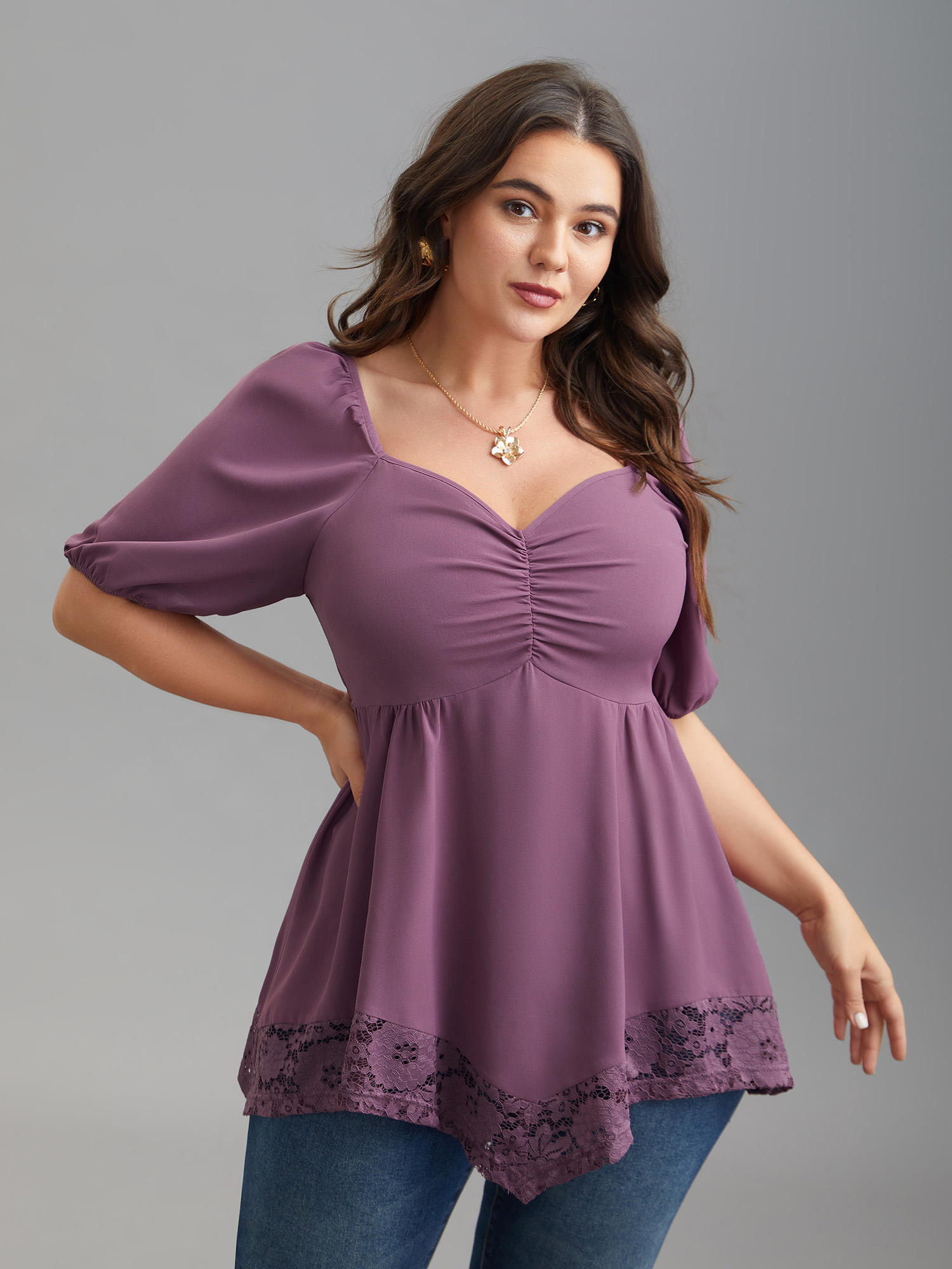 

Plus Size Mauve Sweetheart Neck Lace High-Low Hem Shirt Women Elegant Half Sleeve Heart neckline Everyday Blouses BloomChic