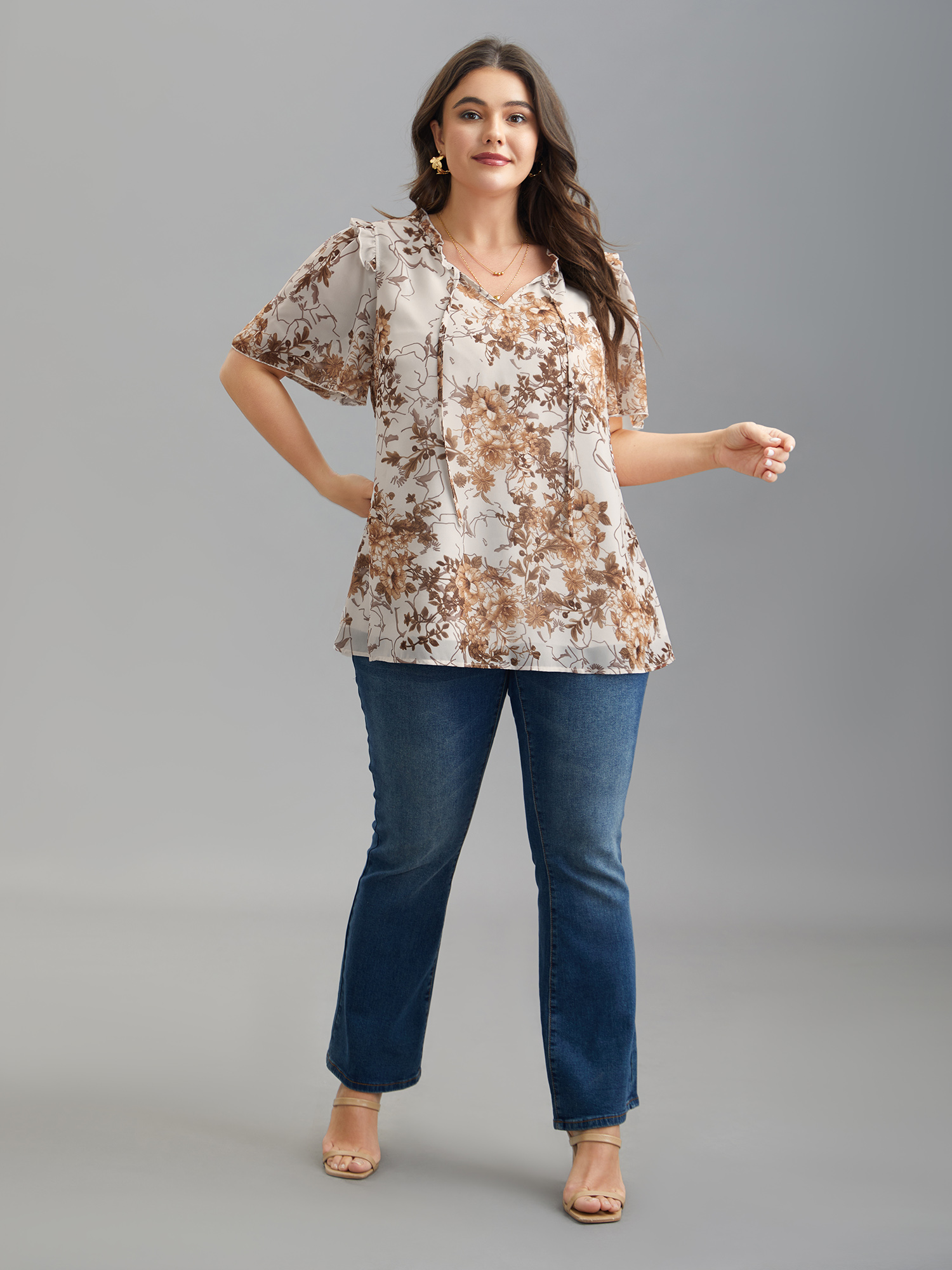 Plus Size WhiteSmoke Floral Print Ruffle Neck Shirt Women Elegant Short sleeve Flat collar with V-notch Everyday Blouses BloomChic 14-16/1X 