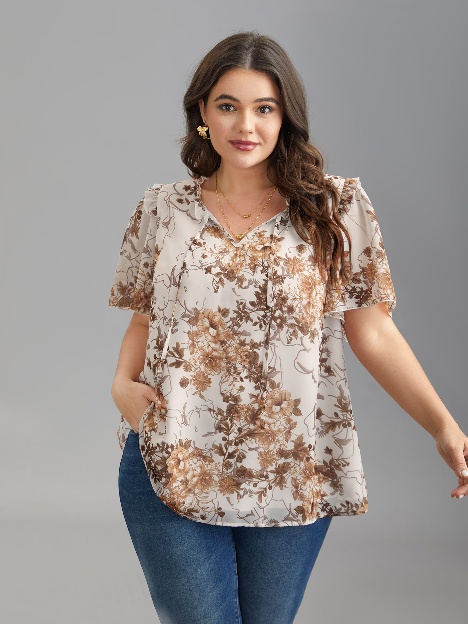 Plus Size WhiteSmoke Floral Print Ruffle Neck Shirt Women Elegant Short sleeve Flat collar with V-notch Everyday Blouses BloomChic 14-16/1X 