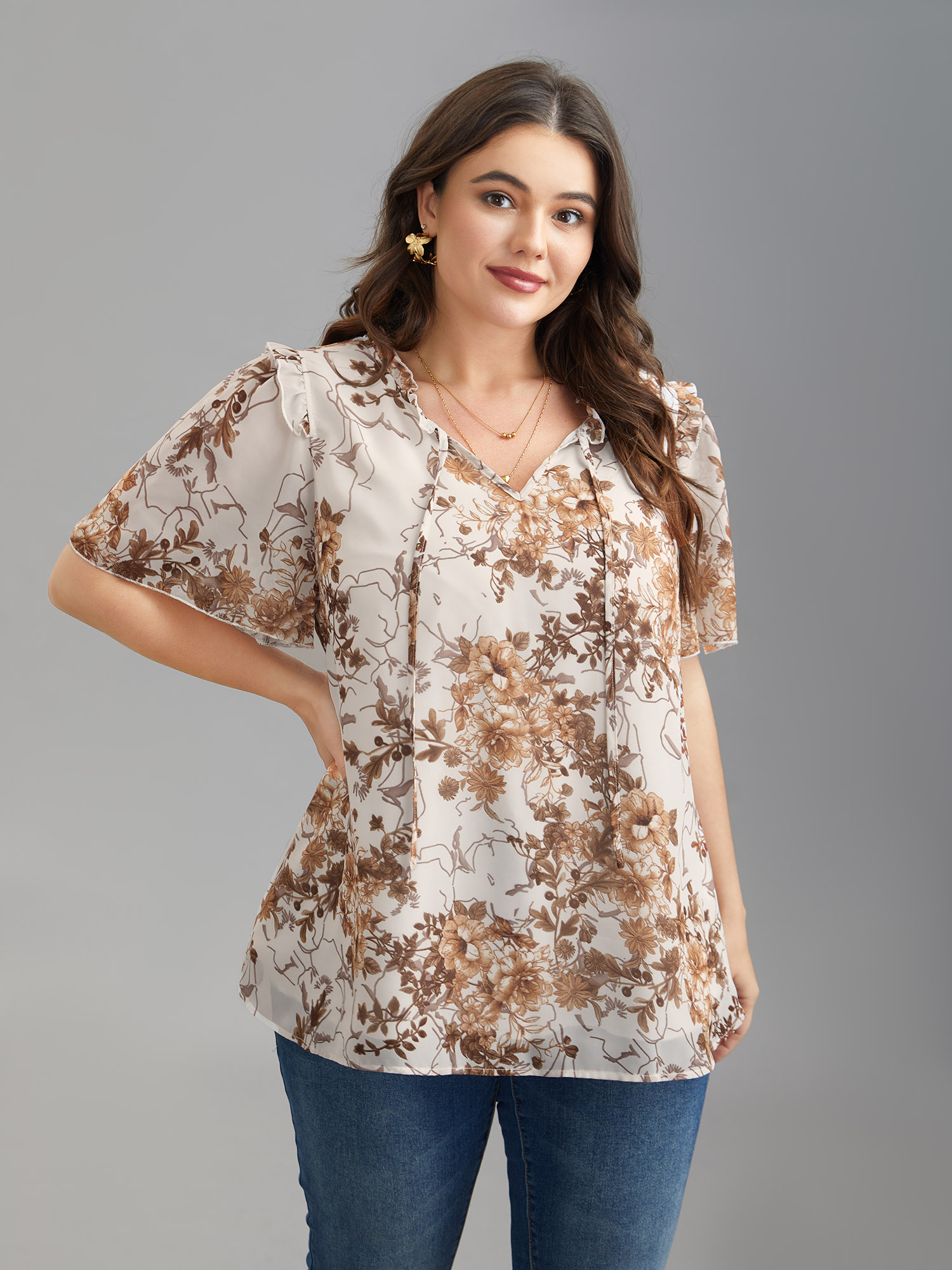 Plus Size WhiteSmoke Floral Print Ruffle Neck Shirt Women Elegant Short sleeve Flat collar with V-notch Everyday Blouses BloomChic 14-16/1X 