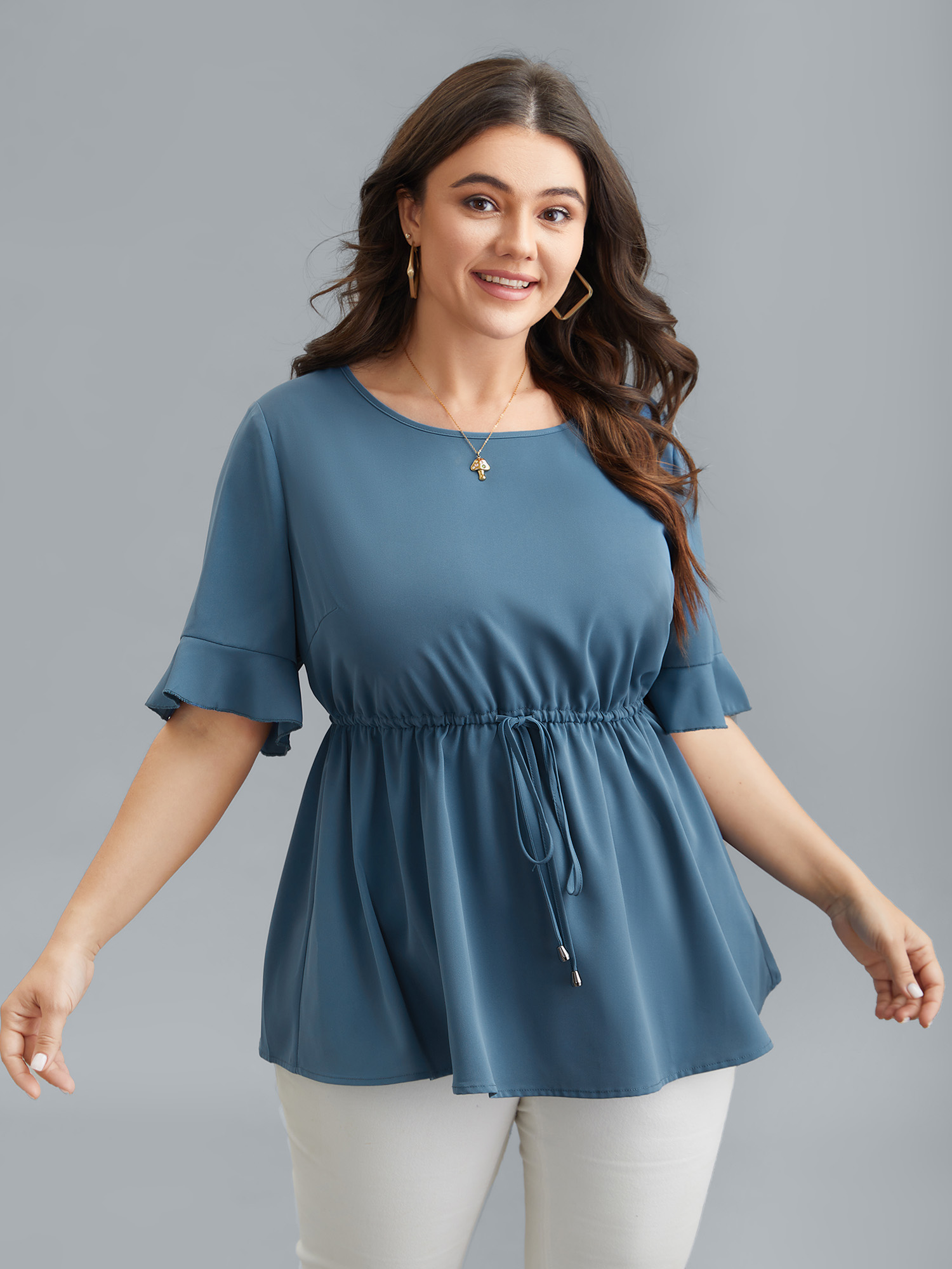 

Plus Size Cerulean Ruffled Edge Sleeve Waist-Tie Shirt Women Casual Half Sleeve Round Neck Everyday Blouses BloomChic