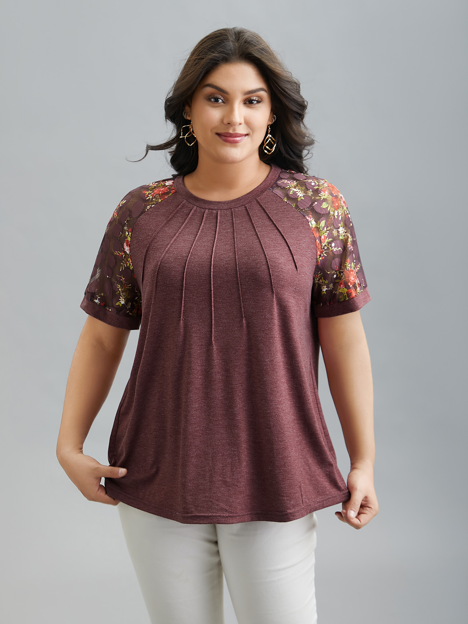 

Plus Size Floral Plicated Detail Heather Stretchy T-Shirt Russet Women Elegant Tucked seam Round Neck Everyday T-shirts BloomChic