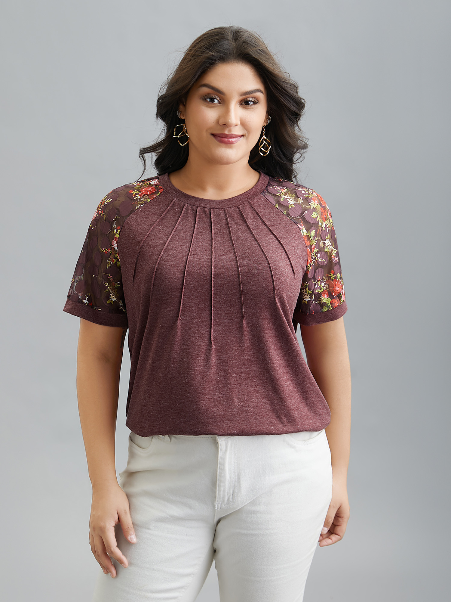 

Plus Size Floral Plicated Detail Heather Stretchy T-Shirt Russet Women Elegant Tucked seam Round Neck Everyday T-shirts BloomChic