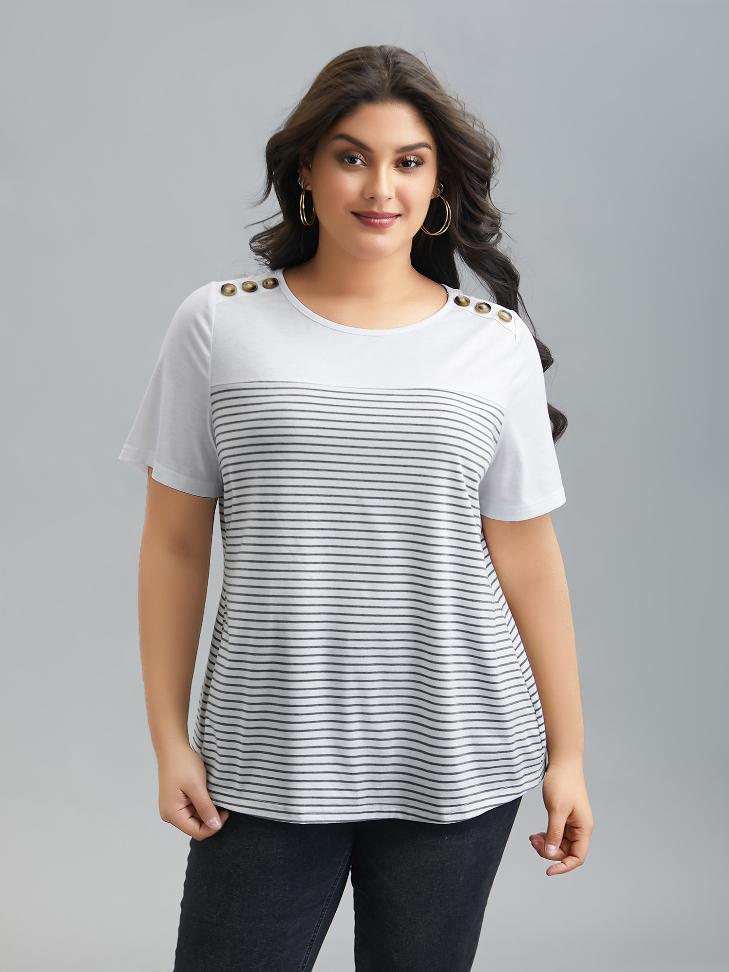 

Plus Size Striped Contrast Stretchy Button T-Shirt WhiteSmoke Women Casual Contrast Round Neck Everyday T-shirts BloomChic