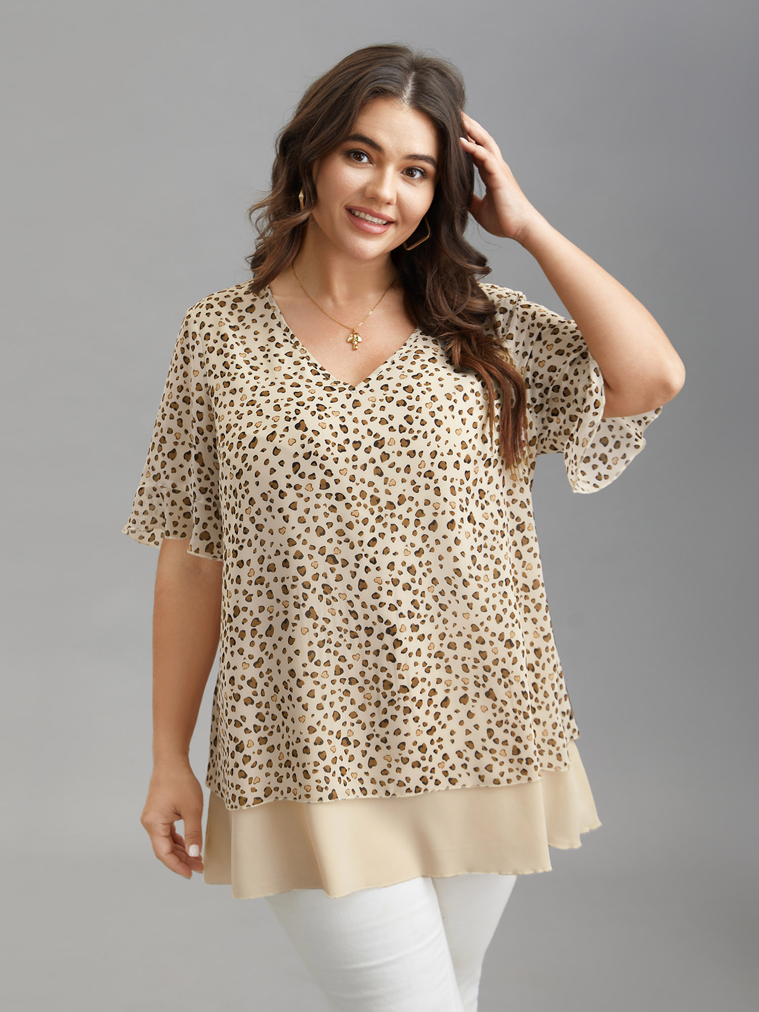 

Plus Size LightBrown Polka Dot Print Ruffled V-Neck Layered Shirt Women Casual Half Sleeve V-neck Everyday Blouses BloomChic