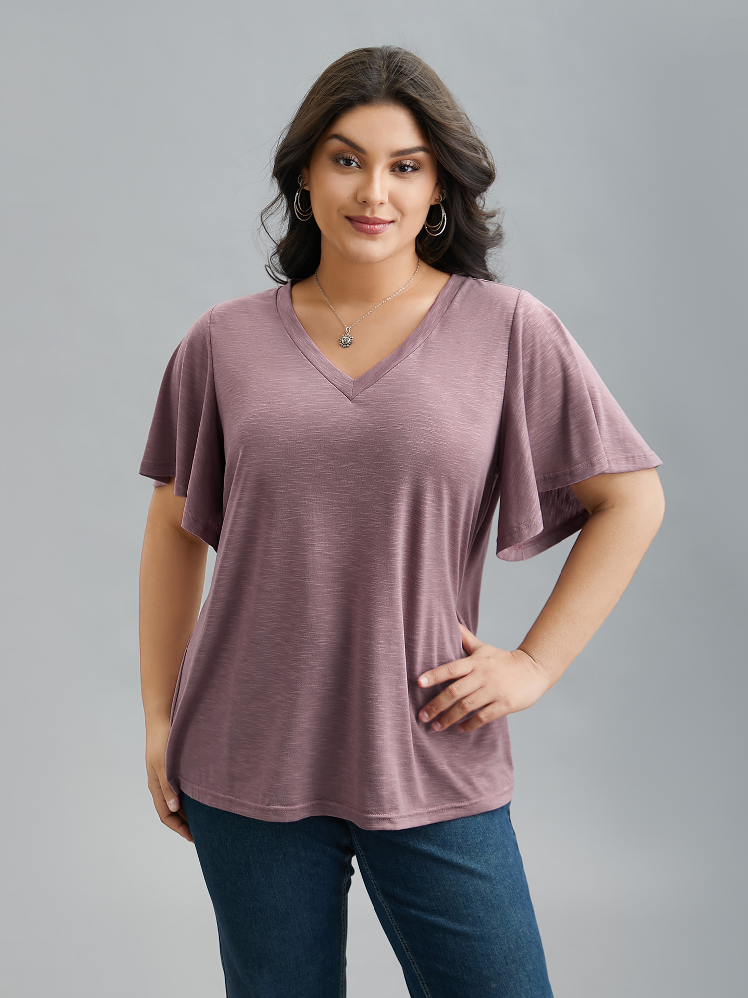 

Plus Size V-Neck Stretchy Flared Sleeve T-Shirt DustyPink Women Casual Ruffles V-neck Everyday T-shirts BloomChic