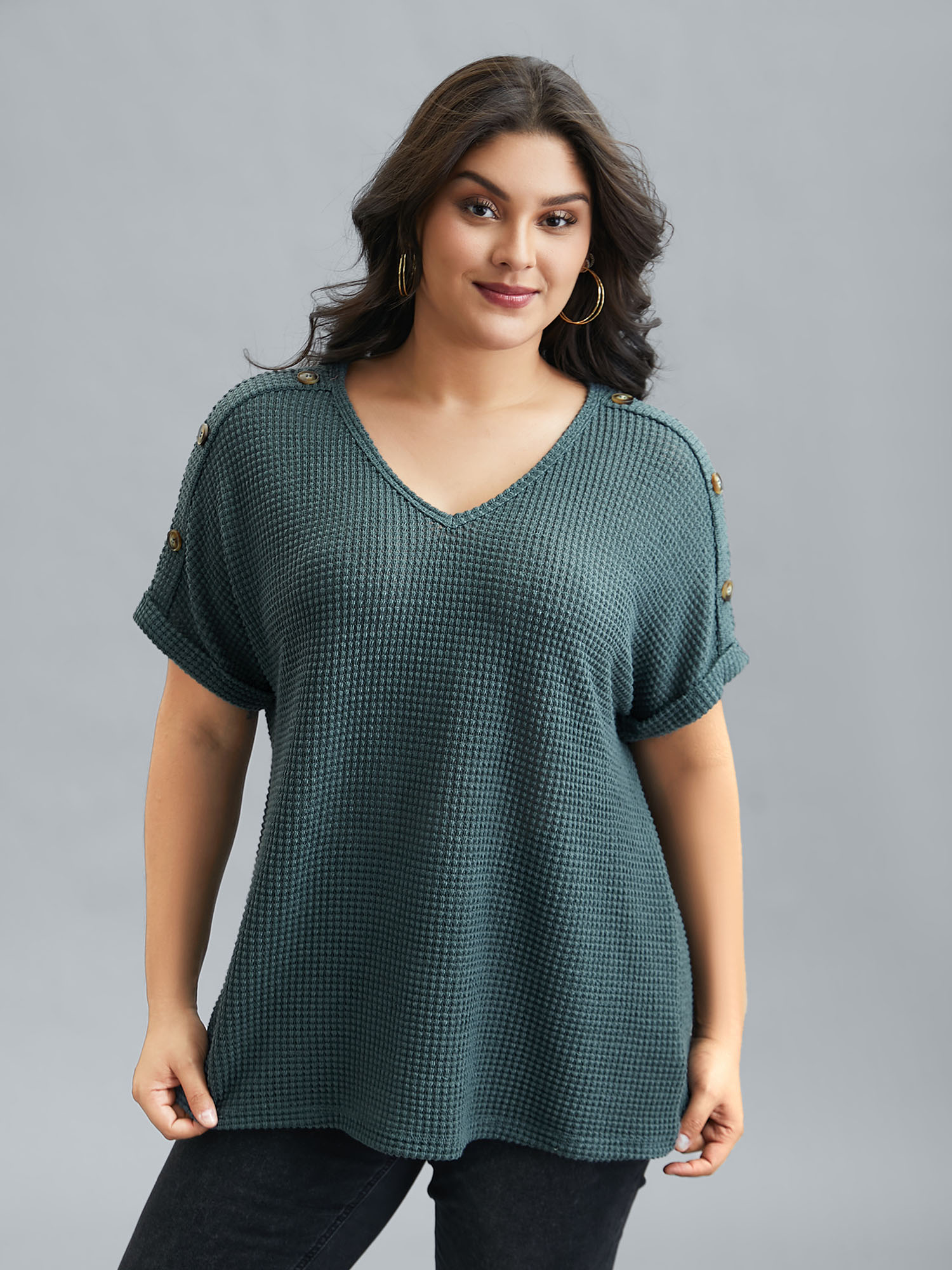 

Plus Size Stretchy Buttons Fitted Waffle Knit T-Shirt Teal Women Casual Texture V-neck Everyday T-shirts BloomChic