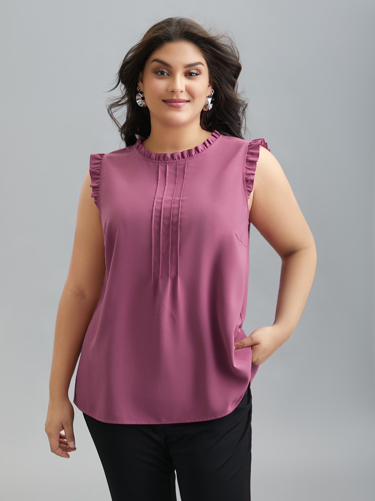 

Plus Size Ruffled Spliced Tucked Seam Vest Women DustyPink At the Office Tucked seam Round Neck Work Tank Tops Camis BloomChic