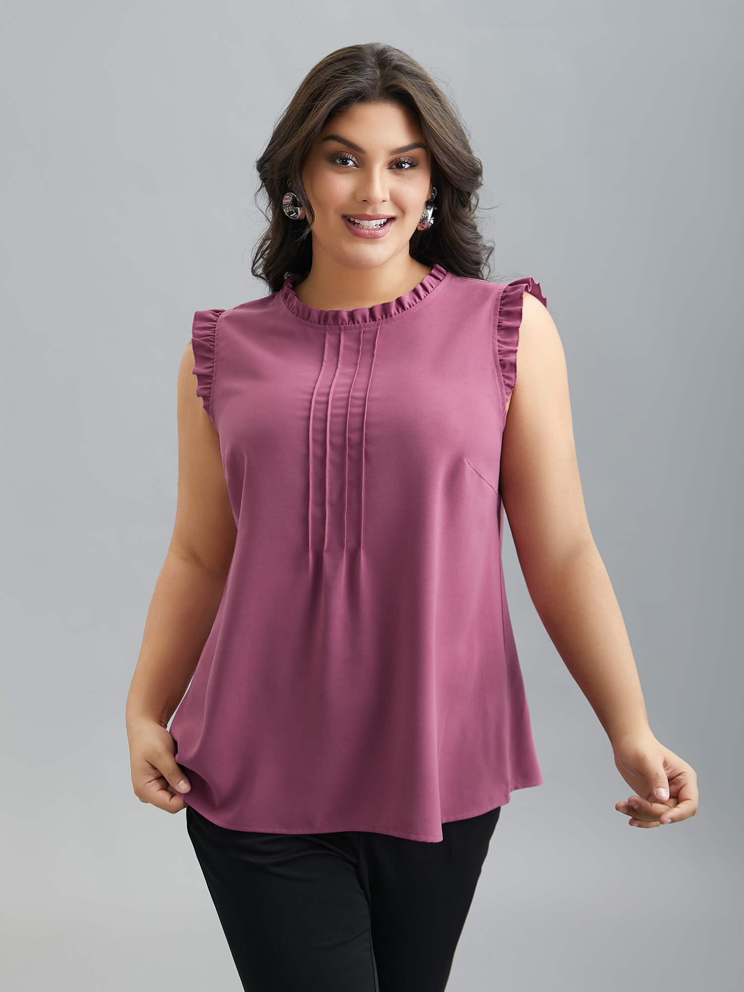 

Plus Size Ruffled Spliced Tucked Seam Vest Women DustyPink At the Office Tucked seam Round Neck Work Tank Tops Camis BloomChic