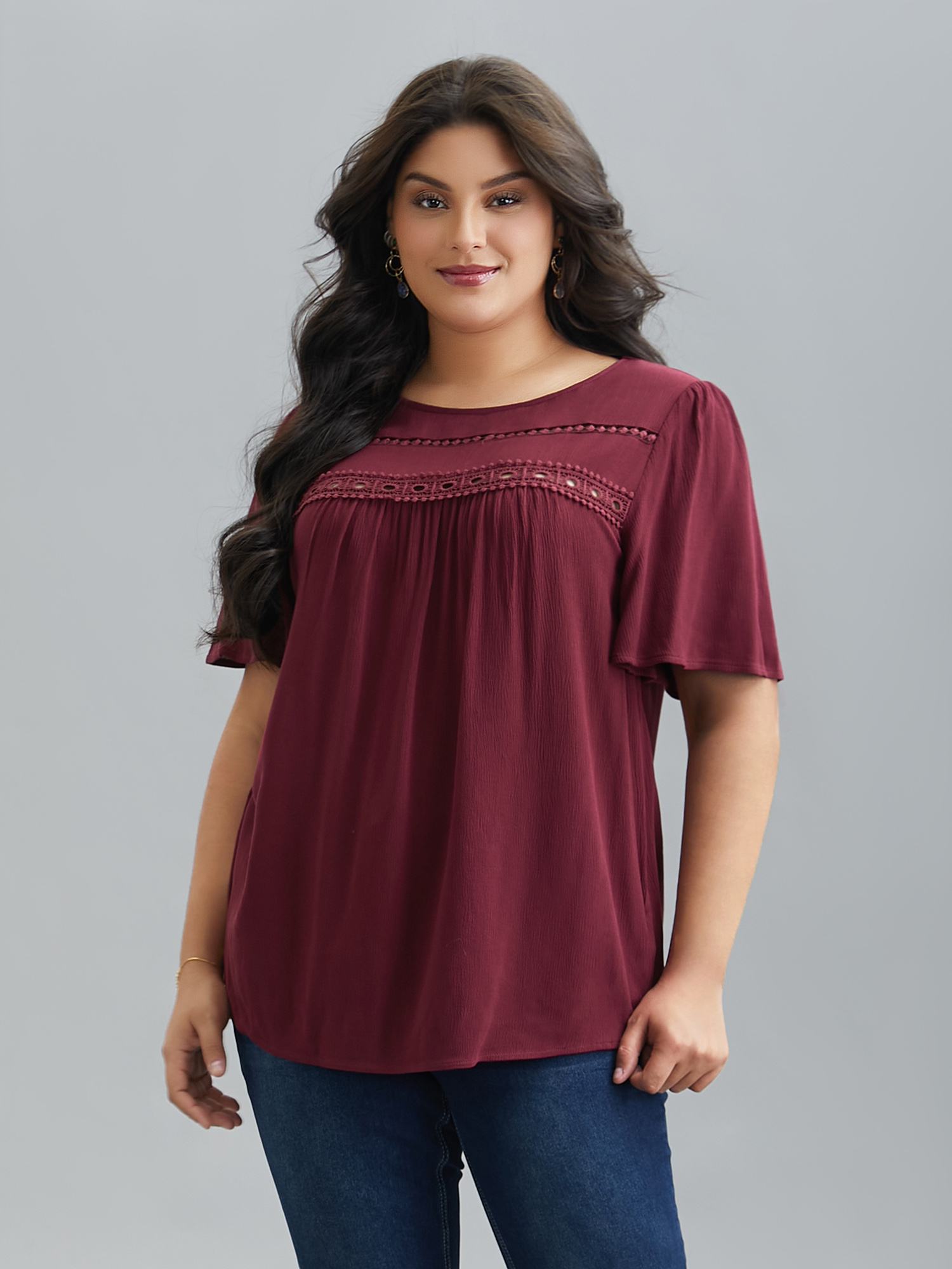 

Plus Size Burgundy Lace Cut-Out Round Neck Pleated Shirt Women Elegant Short sleeve Round Neck Everyday Blouses BloomChic