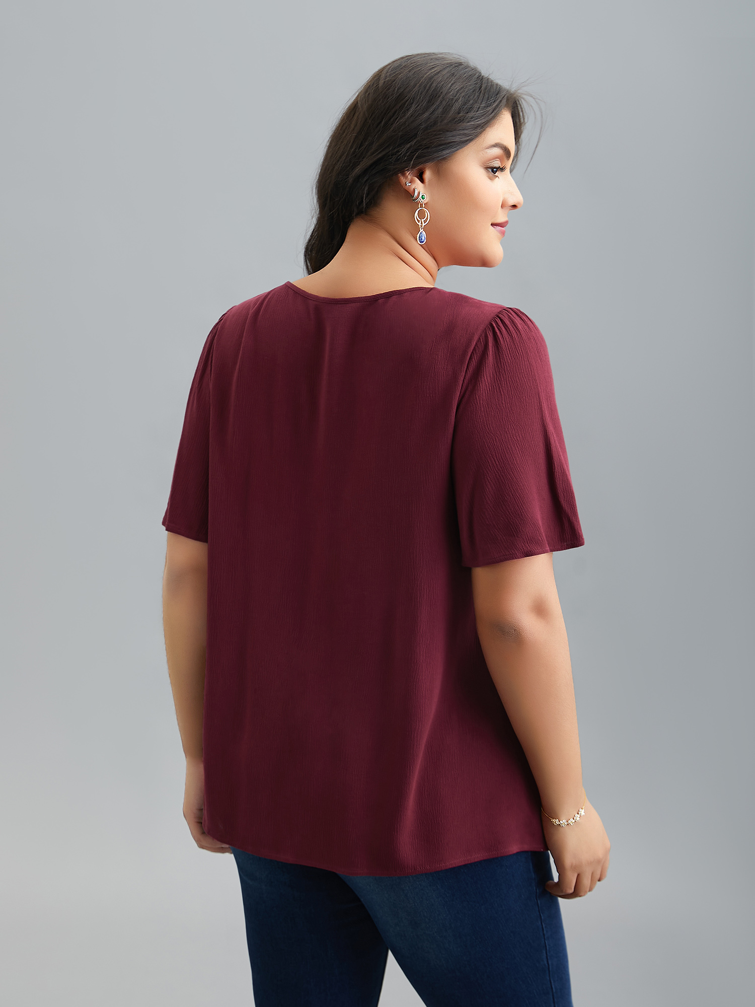 

Plus Size Burgundy Lace Cut-Out Round Neck Pleated Shirt Women Elegant Short sleeve Round Neck Everyday Blouses BloomChic