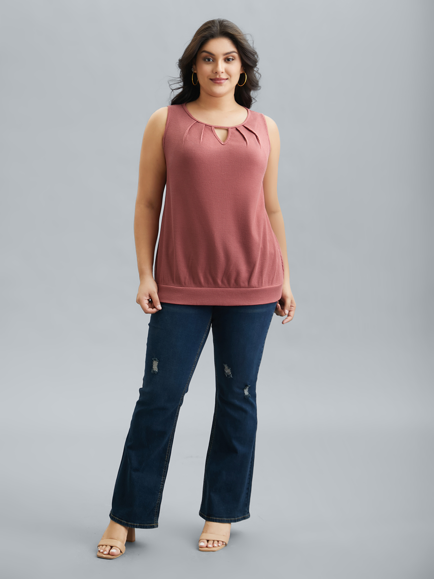 Plus Size Neck Cut-Out Textured Stretchy Vest Women DustyPink Casual Texture Round Neck Everyday Tank Tops Camis BloomChic 30/6X 