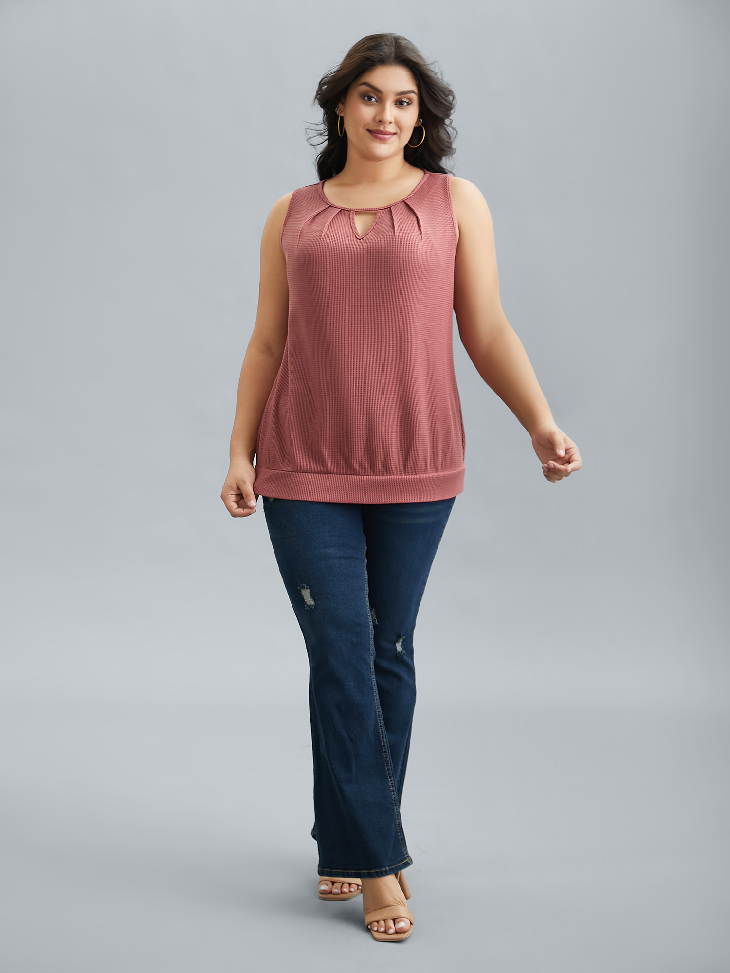 Plus Size Neck Cut-Out Textured Stretchy Vest Women DustyPink Casual Texture Round Neck Everyday Tank Tops Camis BloomChic 30/6X 