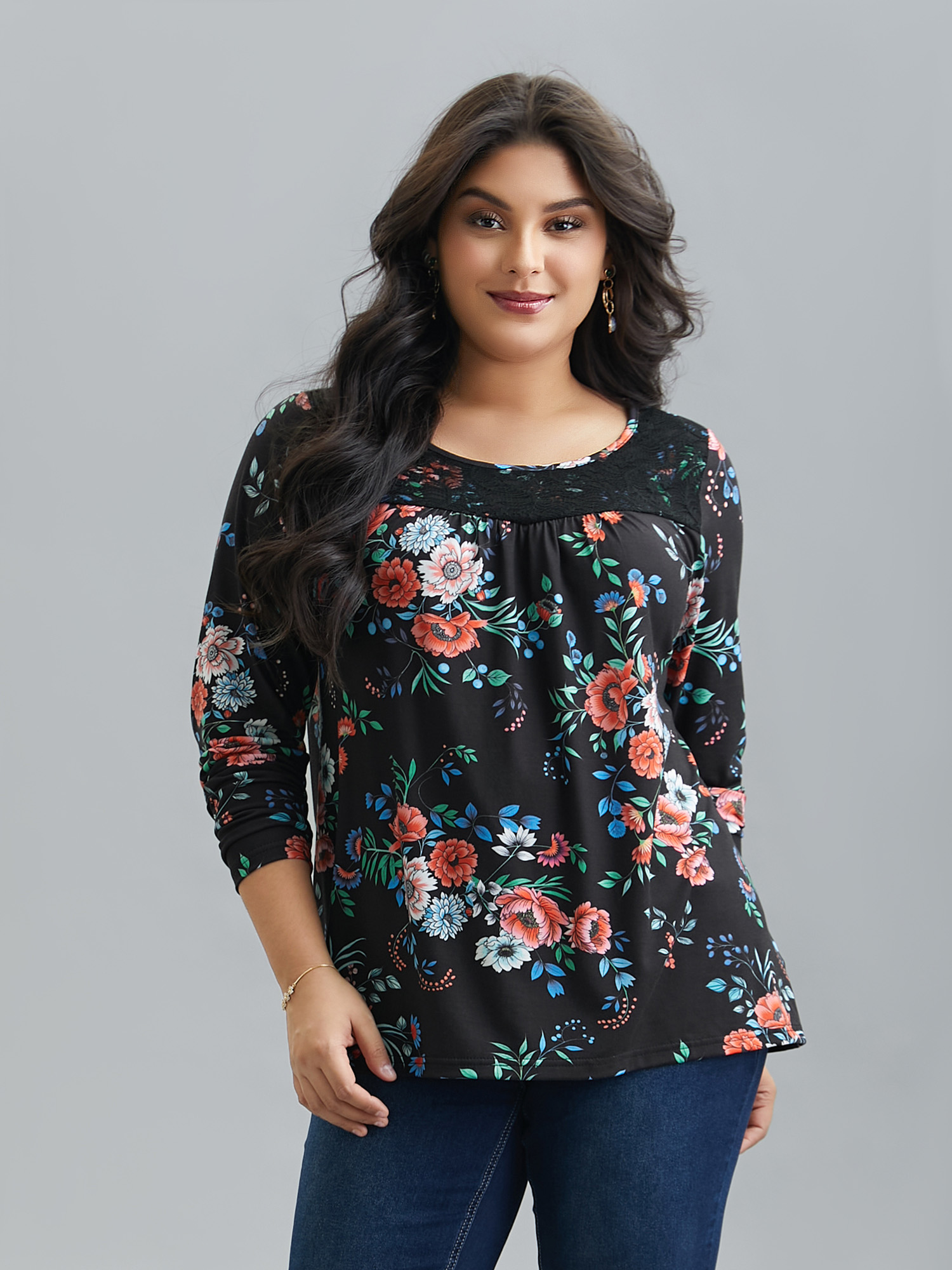 

Plus Size Floral Print Crochet Lace Knit Top Multicolor Round Neck Extra Long Sleeve Elegant Jersey Tops